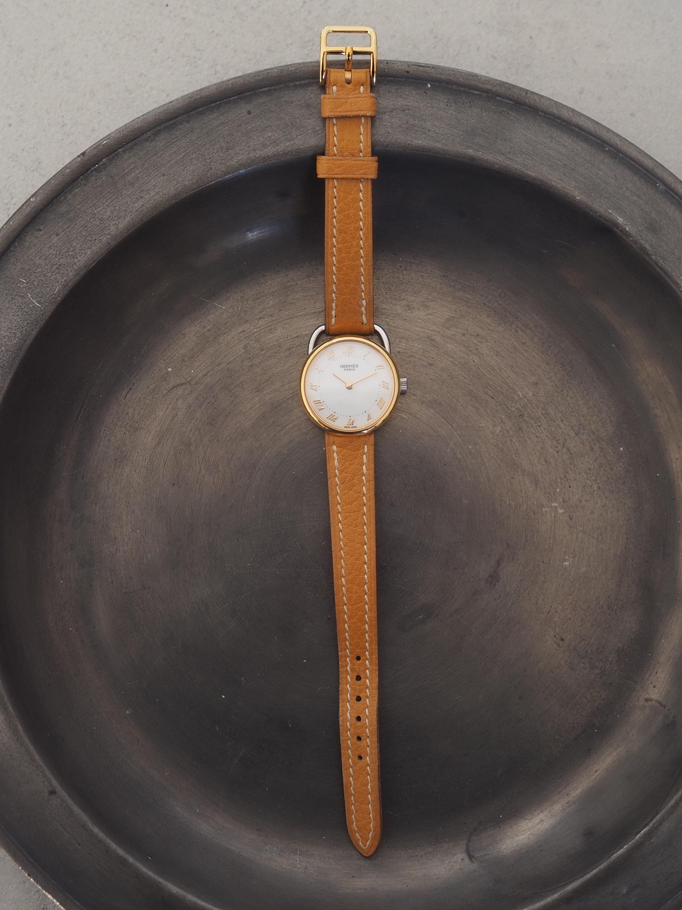 HERMES Also Watch Silver Gold Color Stainless steel Leather Belt Camel Ladies Vintage Authentic