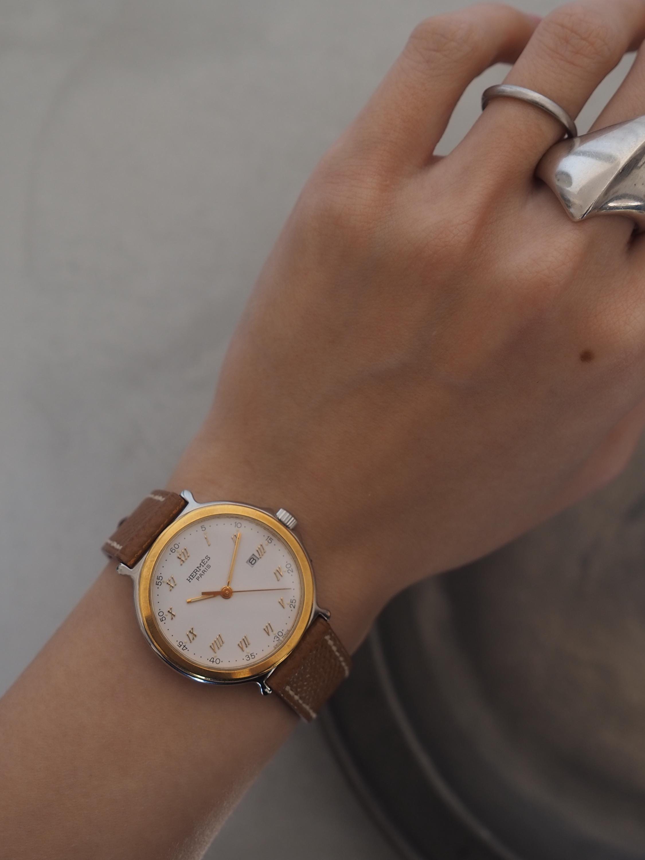 HERMES Carrick Watch Watches Stainless Steel Leather Belt Unisex Mens Ladies Silver Gold Color Combi Watch Wristwatch Quartz Vintage