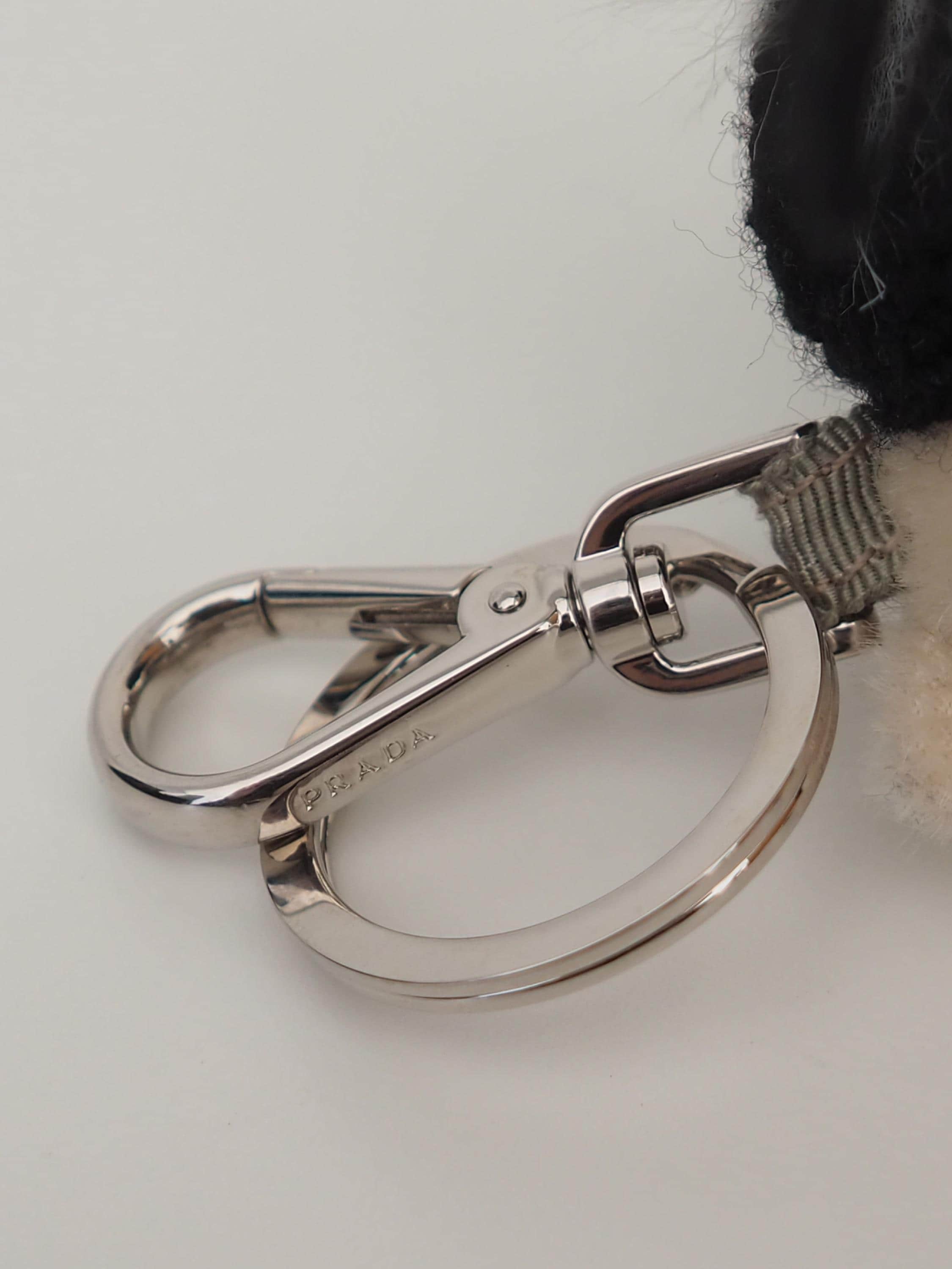 PRADA Teddy Bear keychain Key Charm White Mohair Silver Metal Authentic Vintage Box