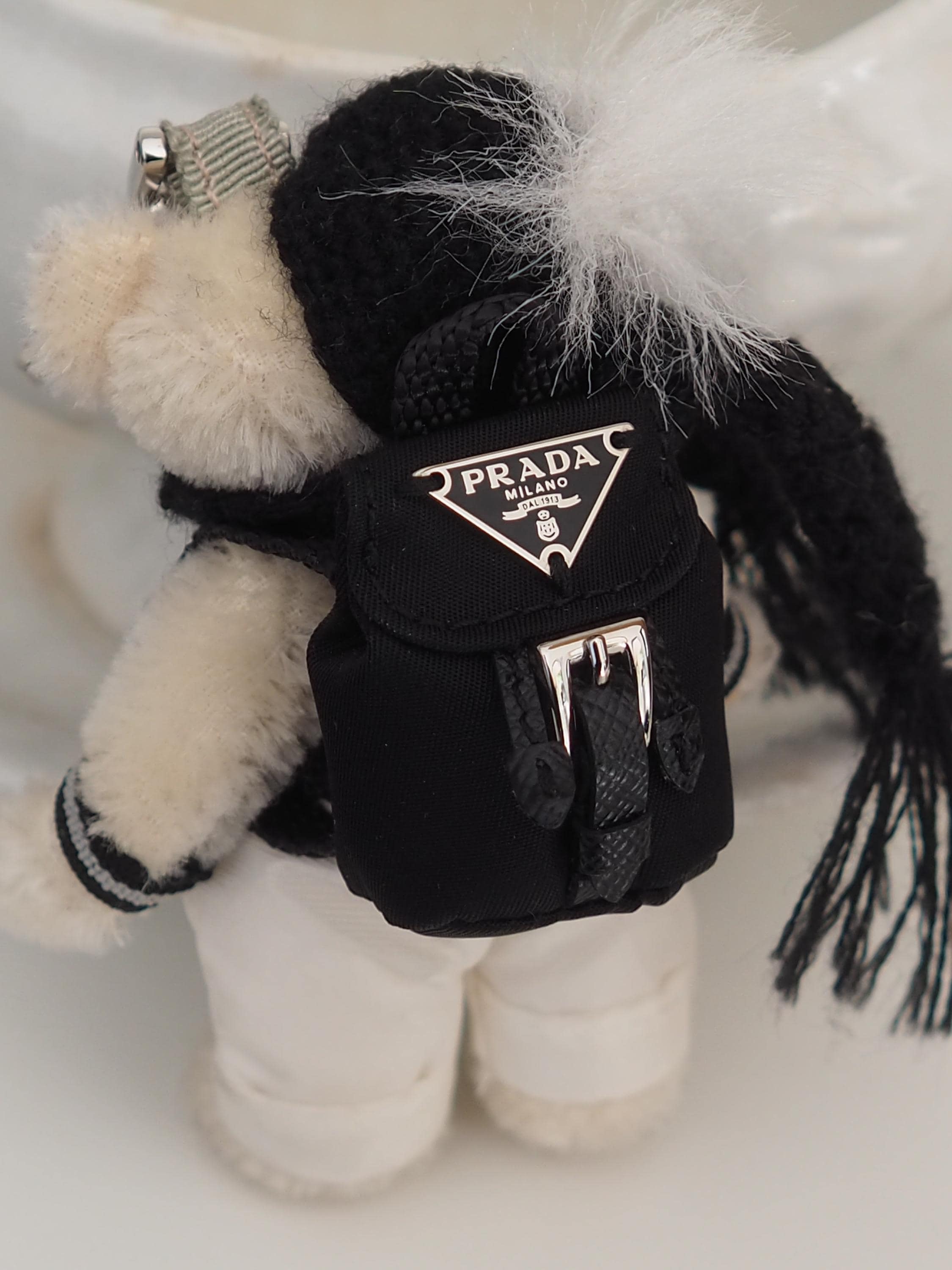 PRADA Teddy Bear keychain Key Charm White Mohair Silver Metal Authentic Vintage Box