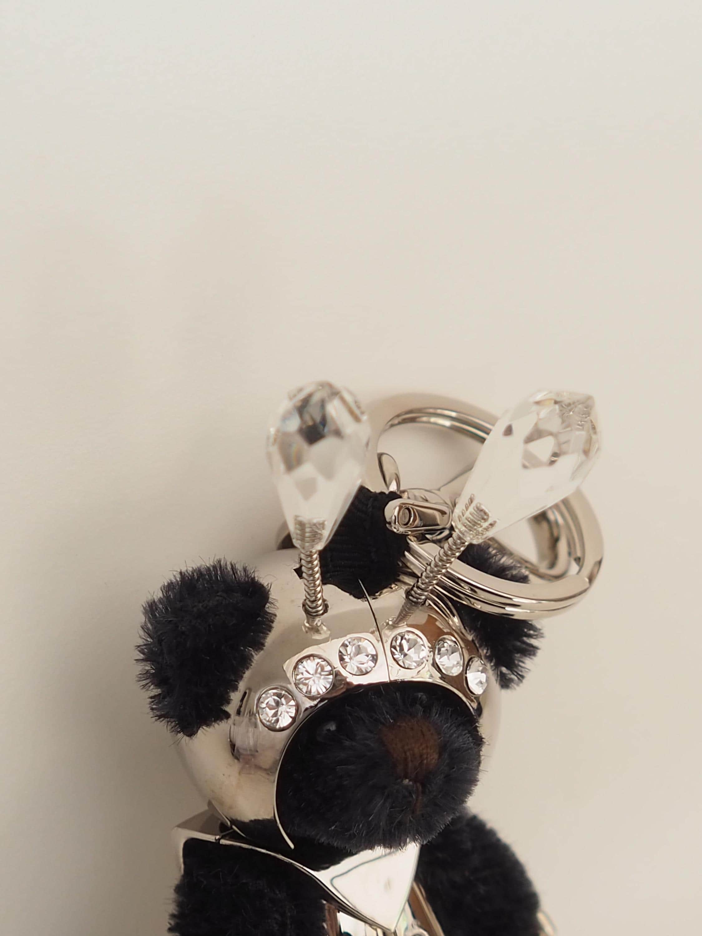 PRADA Teddy Bear keychain Key Charm Black Mohair Silver Metal Authentic Vintage Box