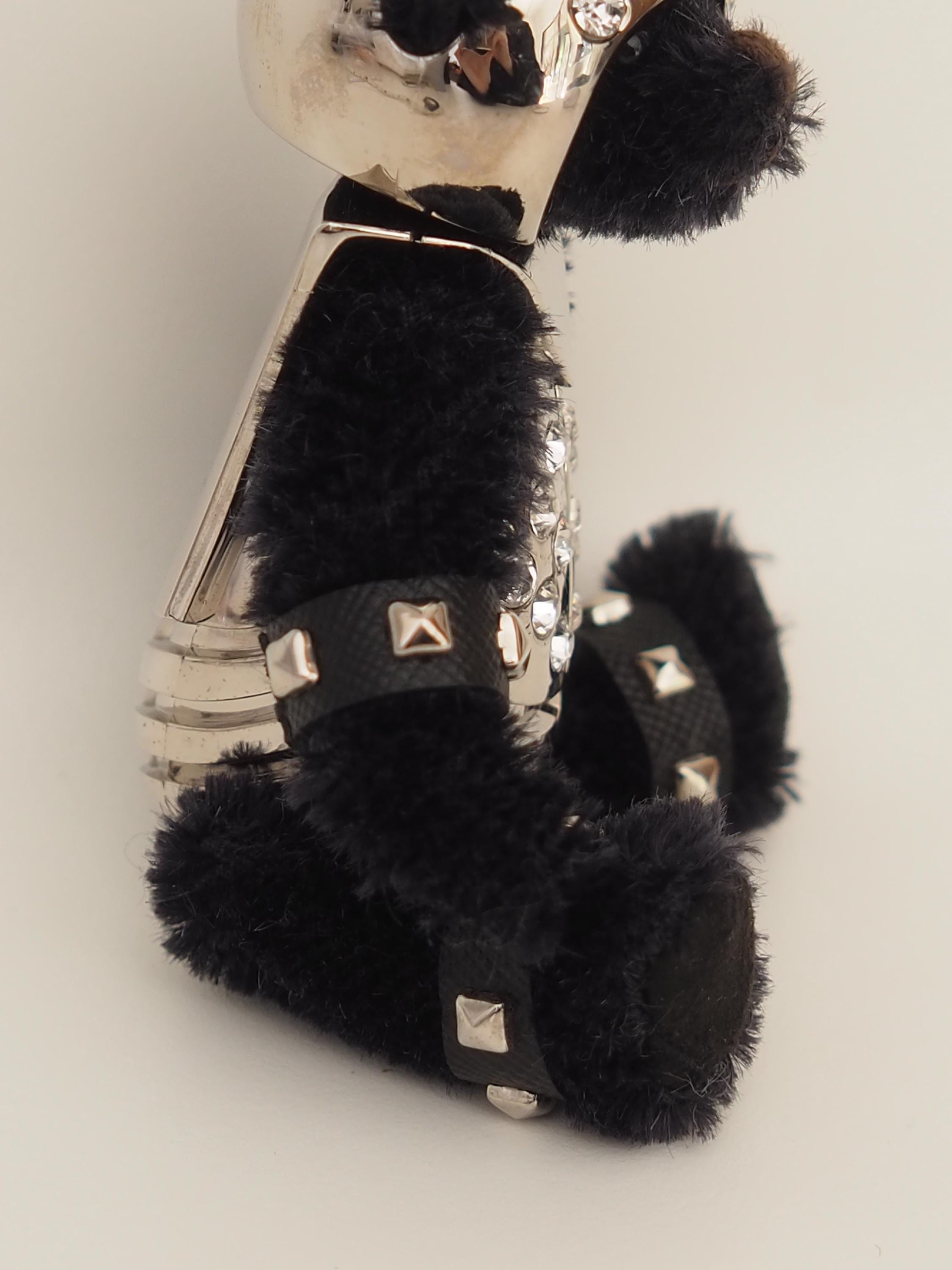 PRADA Teddy Bear keychain Key Charm Black Mohair Silver Metal Authentic Vintage Box