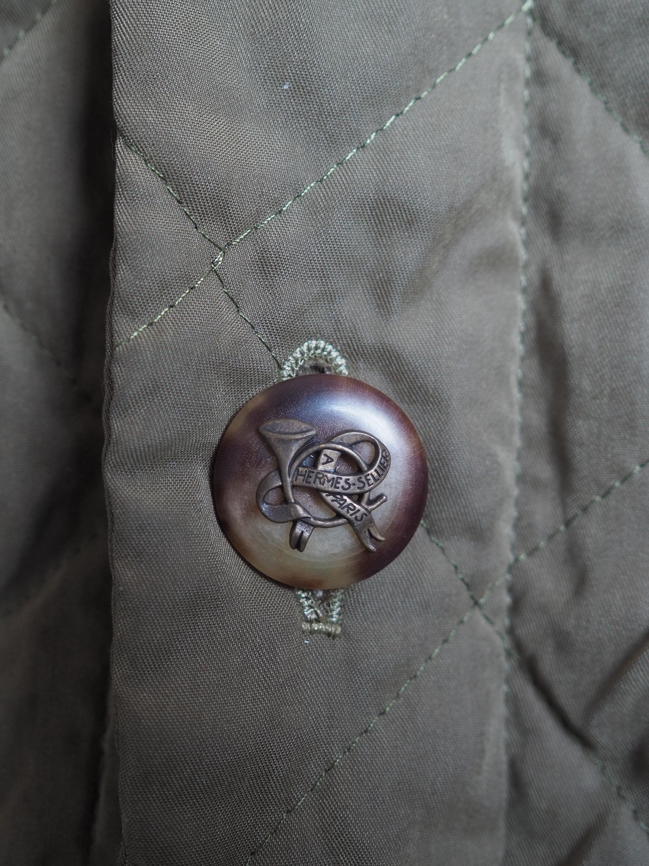 HERMES Quilted Jacket Buffalo horn Button Size 48 Unisex Khaki Green Vintage Authentic