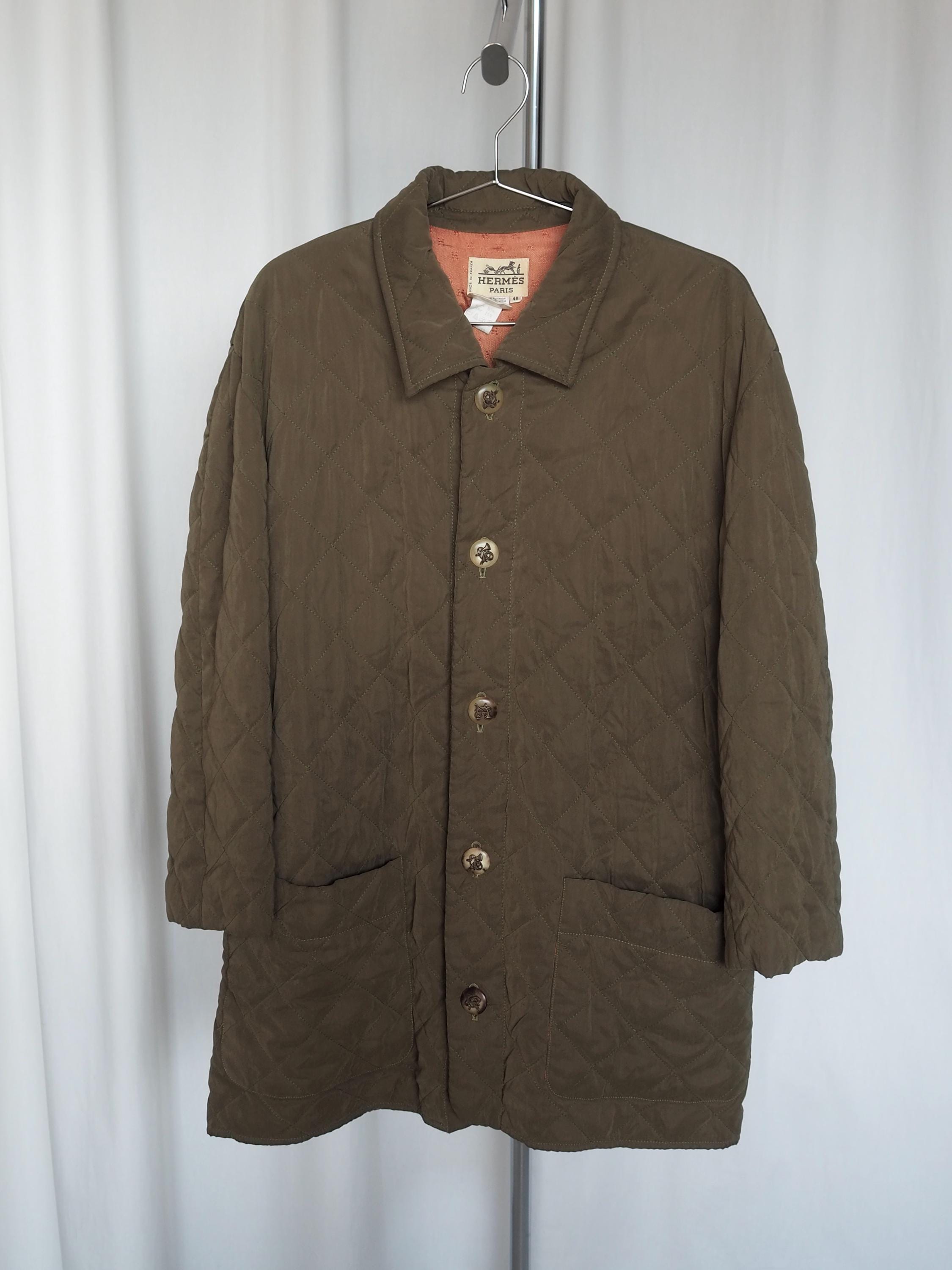 HERMES Quilted Jacket Buffalo horn Button Size 48 Unisex Khaki Green Vintage Authentic