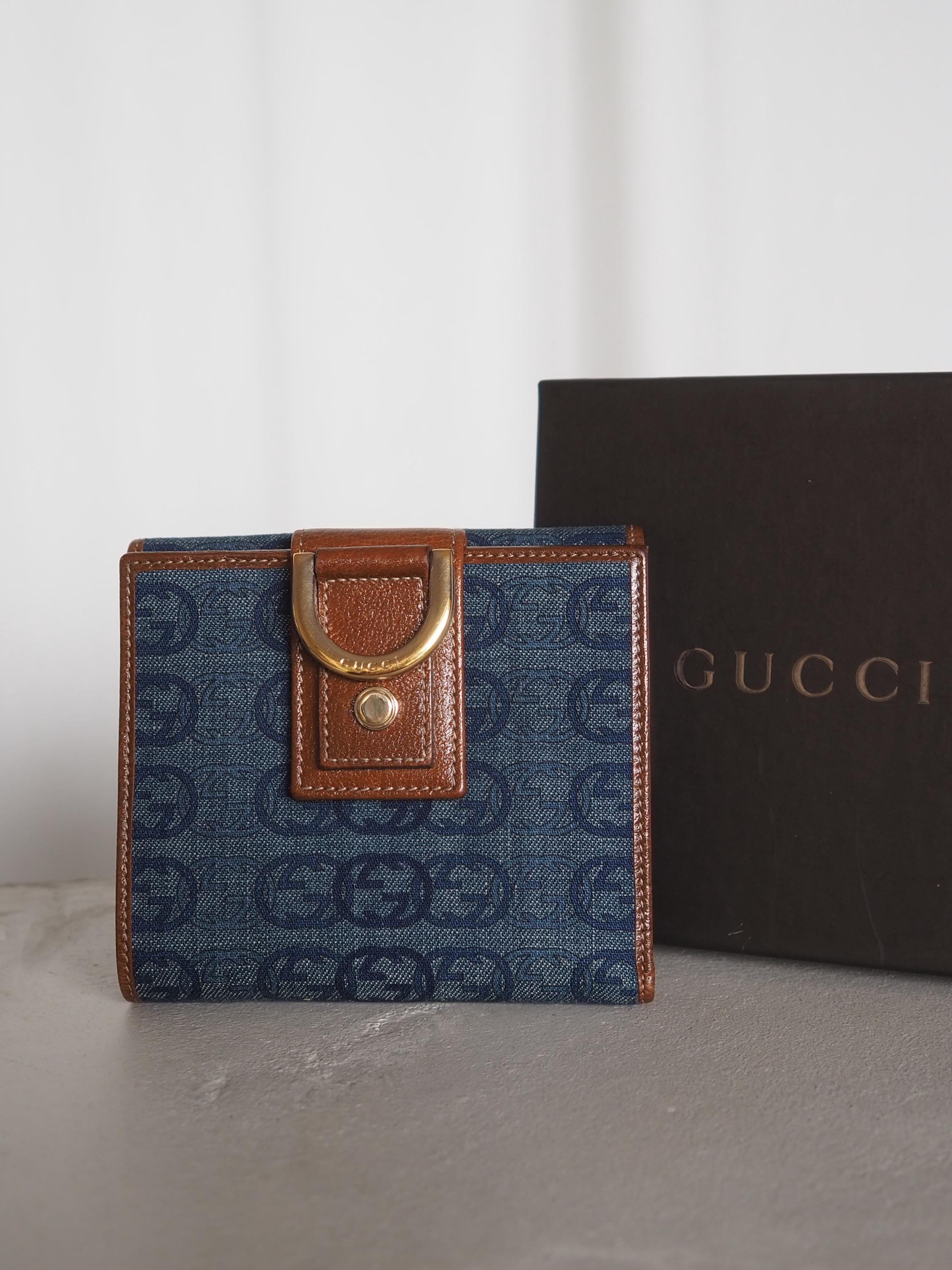 GUCCI GG Compact Denim Wallet Purse Blue Brown Box Vintage Authentic