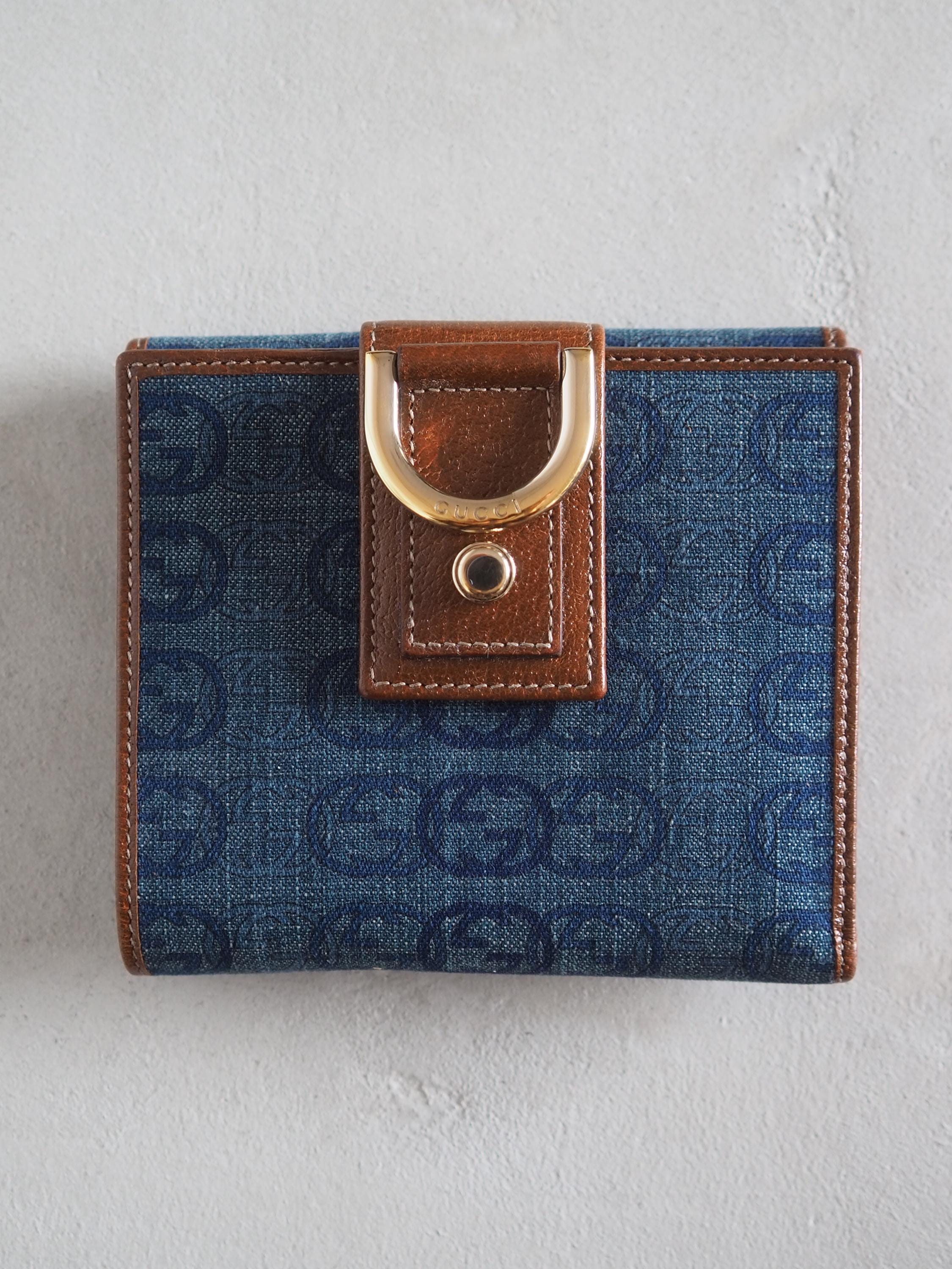 GUCCI GG Compact Denim Wallet Purse Blue Brown Box Vintage Authentic