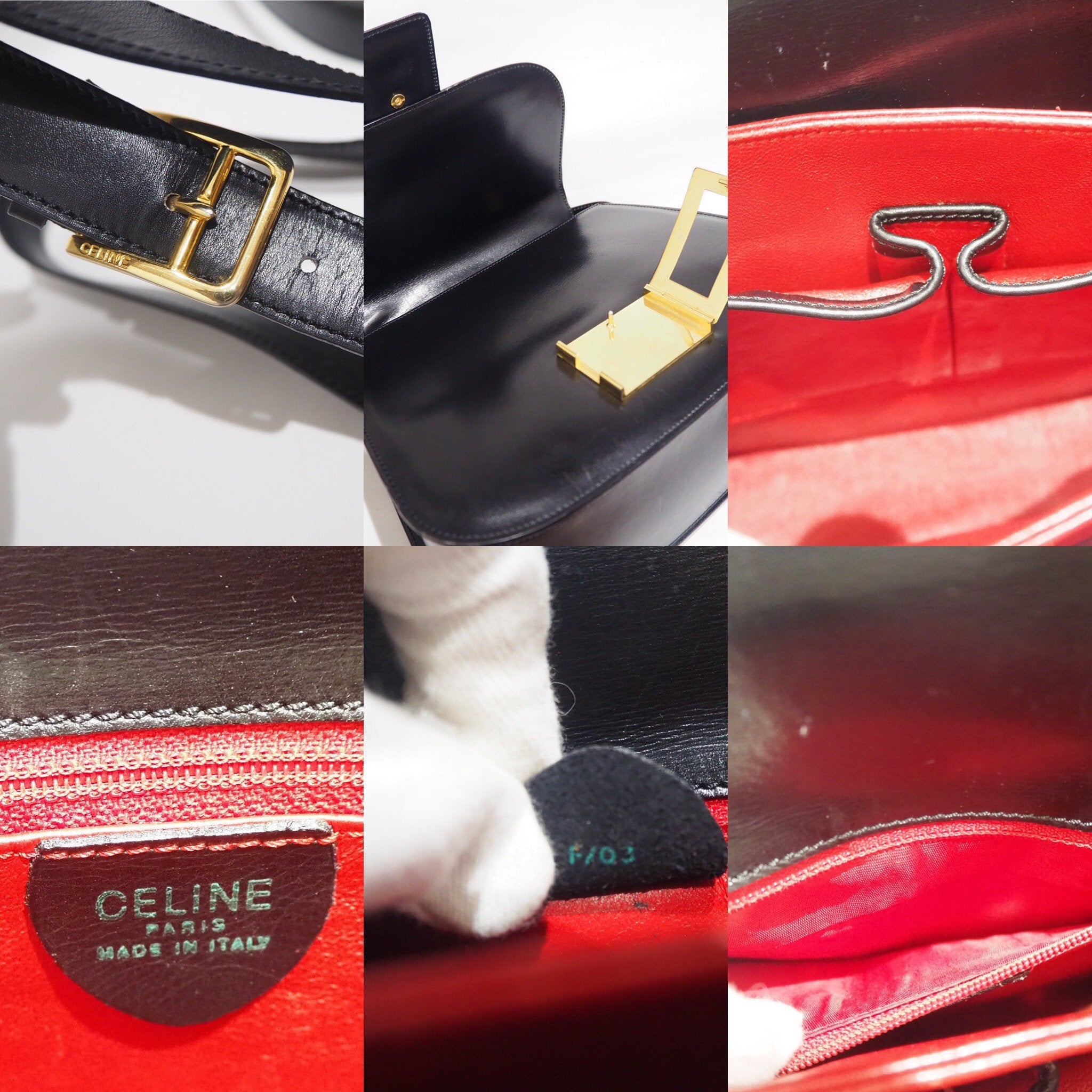 CELINE Sulky Metal parts Flap Shoulder bag Calf leather Black GHW Authentic Vintage Classical