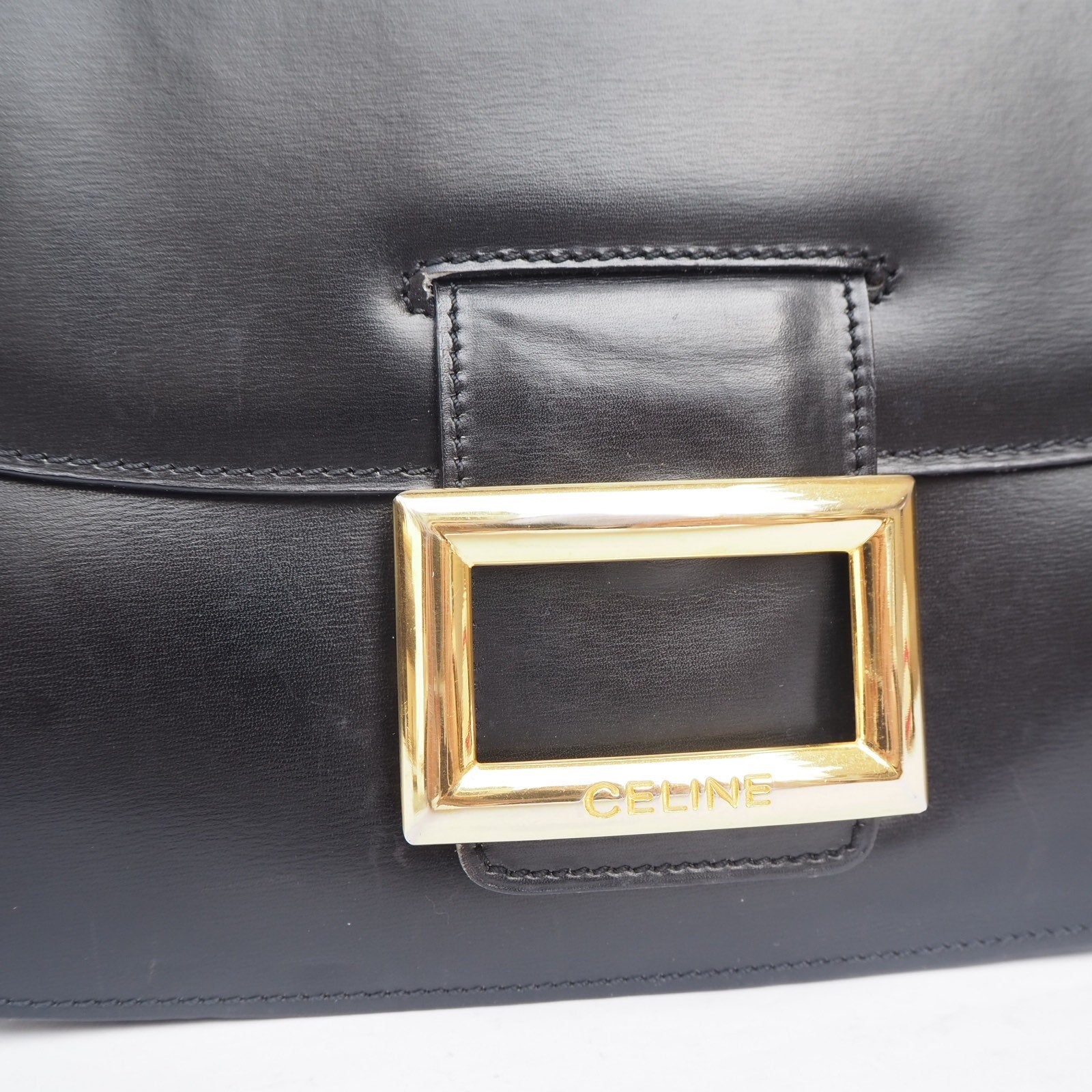 CELINE Sulky Metal parts Flap Shoulder bag Calf leather Black GHW Authentic Vintage Classical