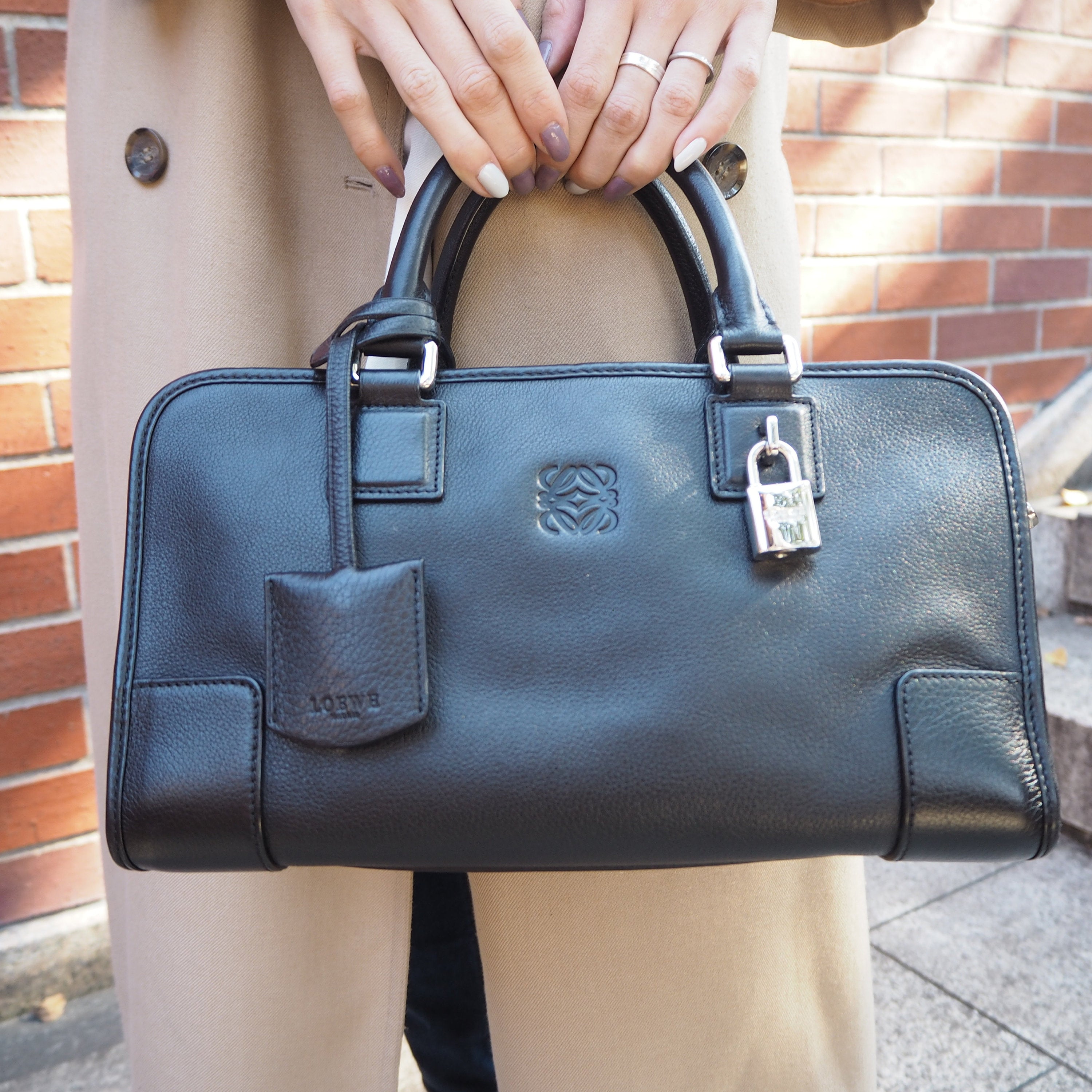 LOEWE Amazona 29 Anagram Hand Mini Boston Bag Black Silver Leather Vintage Authentic