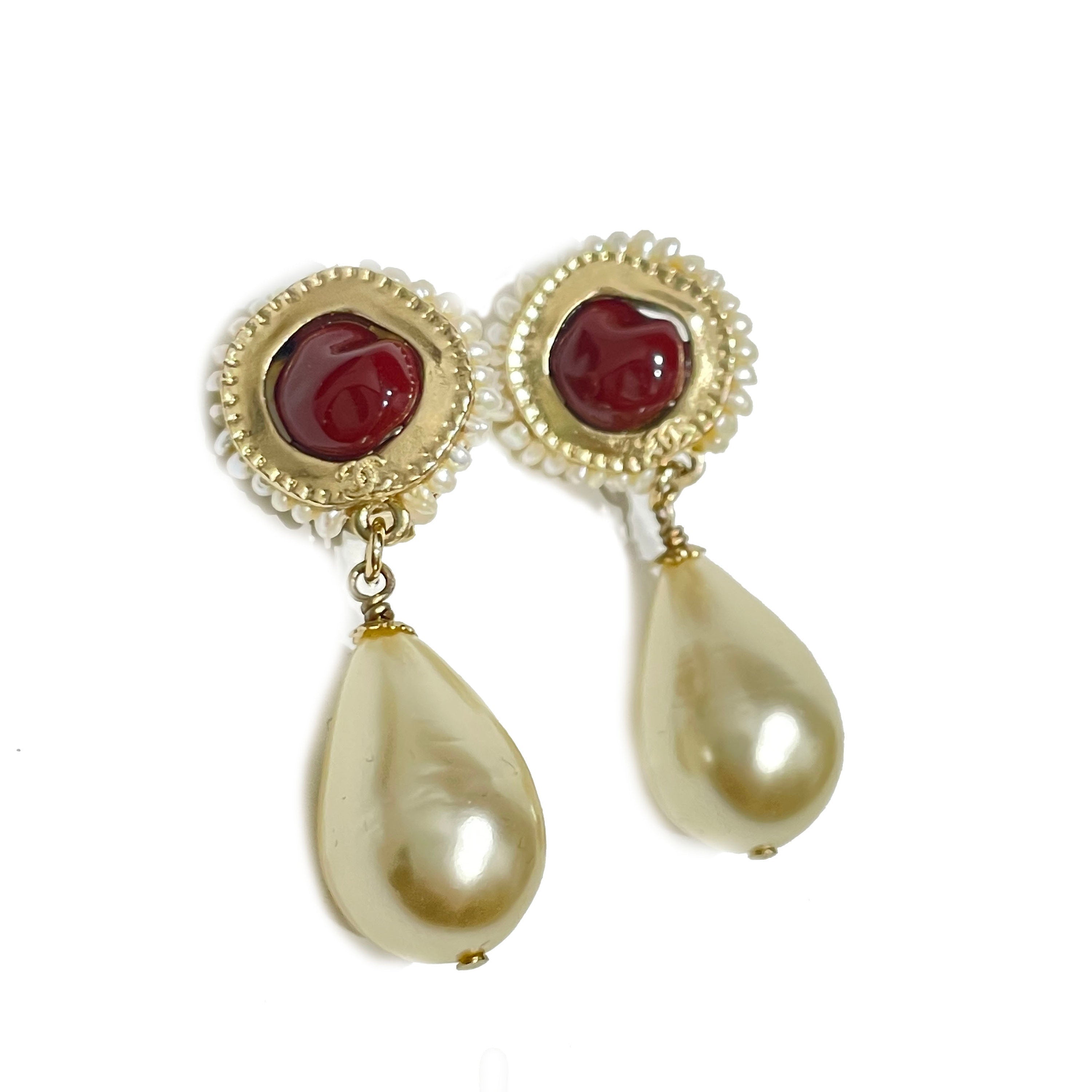 CHANEL Vintage Coco Mark Perl Drop Gold Plated Authentic Box Rare Mint