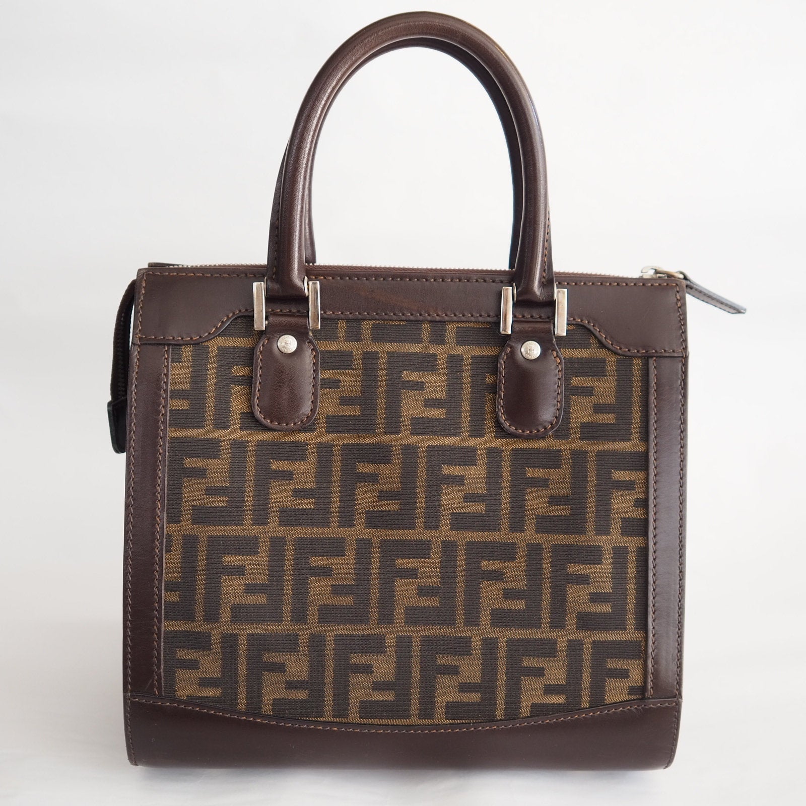 FENDI ZUCCA Hand Bag Brown Canvas Leather Vintage Auth