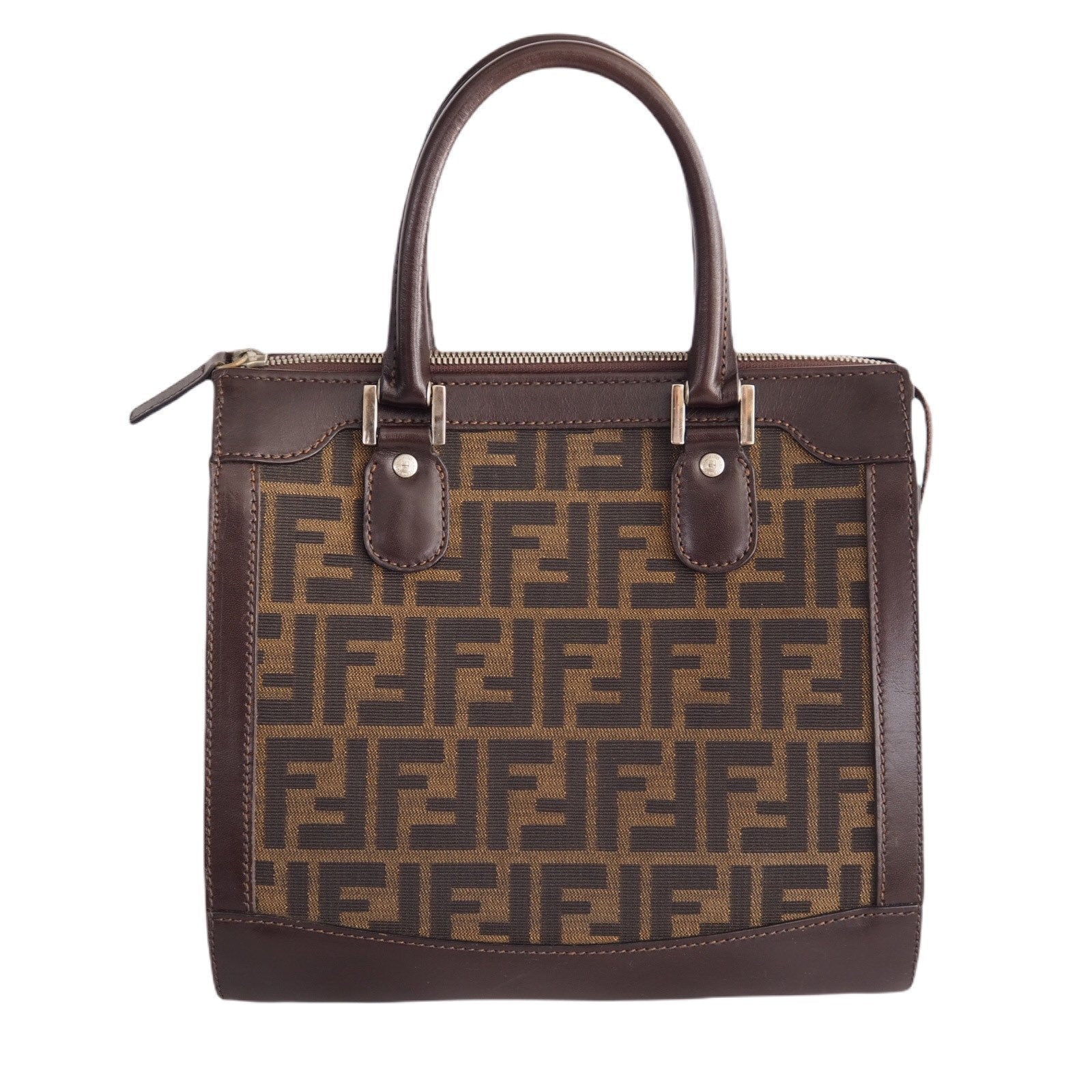 FENDI ZUCCA Hand Bag Brown Canvas Leather Vintage Auth