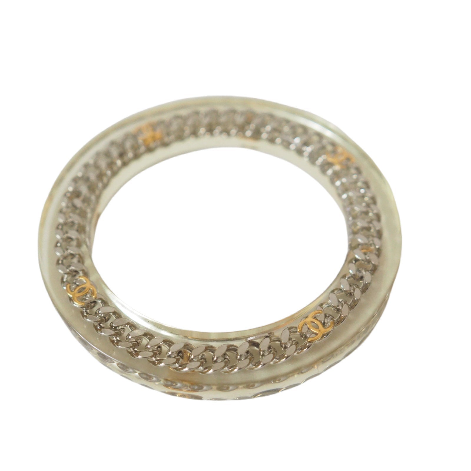 CHANEL COCO Chain Bangle Clear Silver Gold Plastic Box