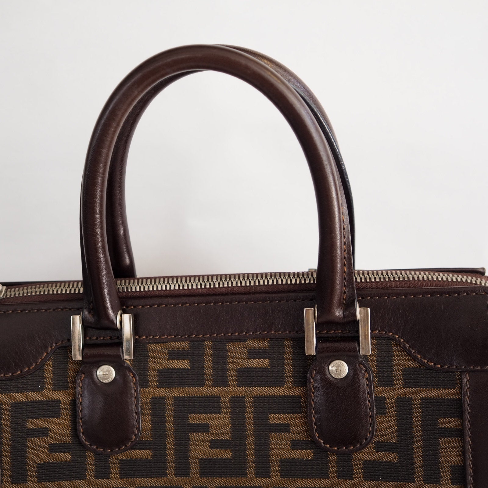 FENDI ZUCCA Hand Bag Brown Canvas Leather Vintage Auth