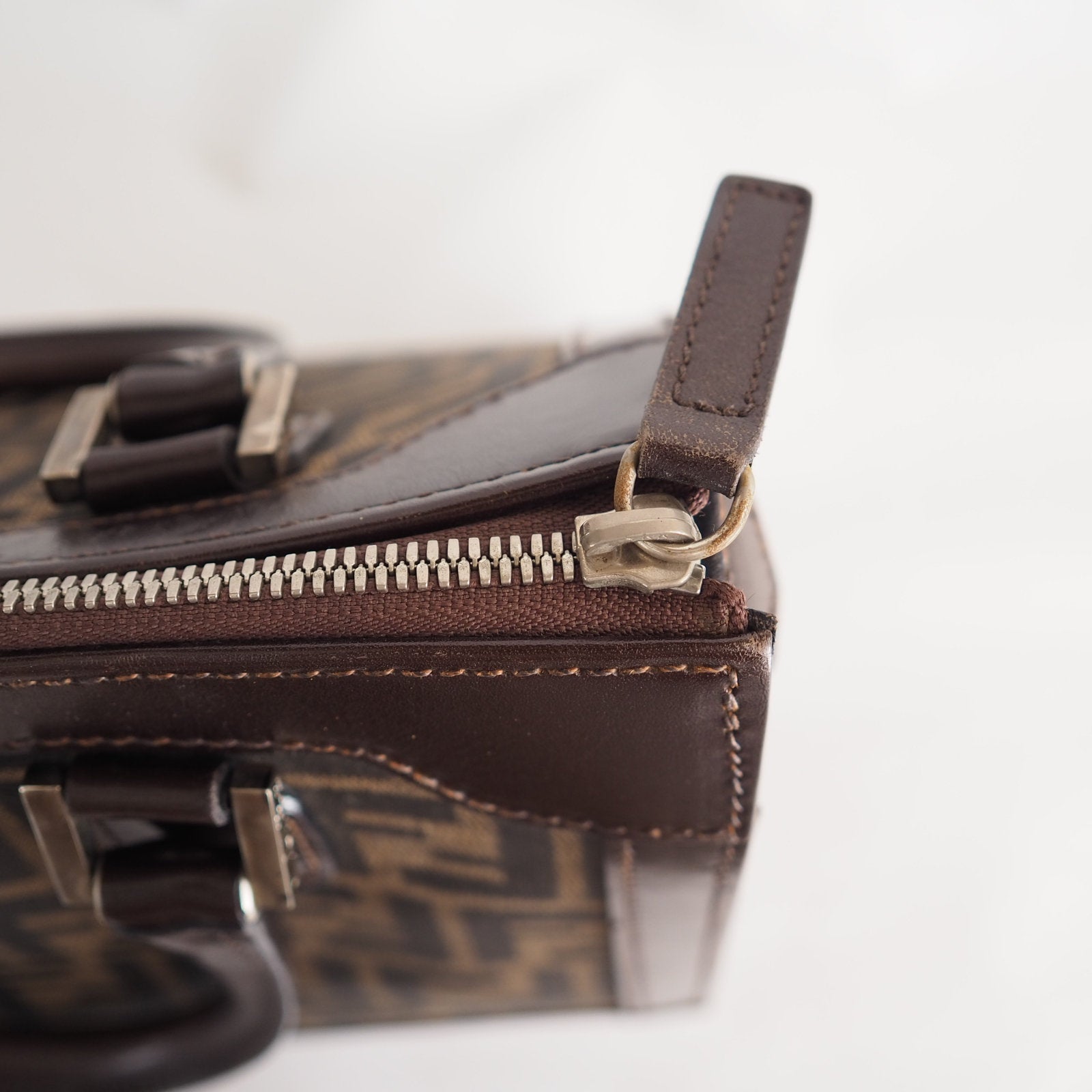 FENDI ZUCCA Hand Bag Brown Canvas Leather Vintage Auth