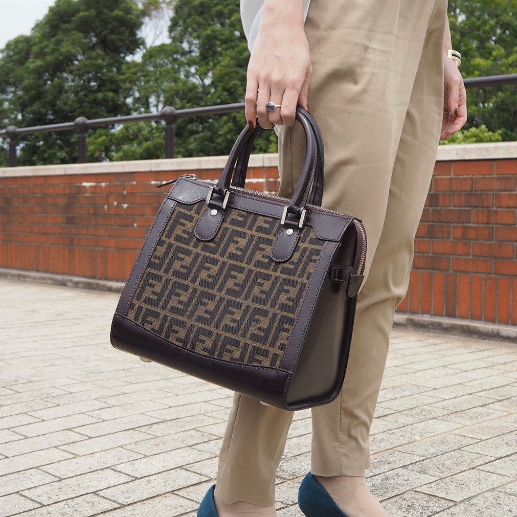 FENDI ZUCCA Hand Bag Brown Canvas Leather Vintage Auth