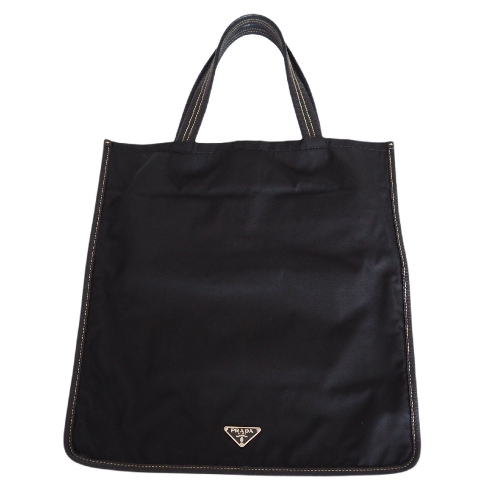 PRADA Nylon Leather Tote Hand Bag Black Logo Purse Authentic