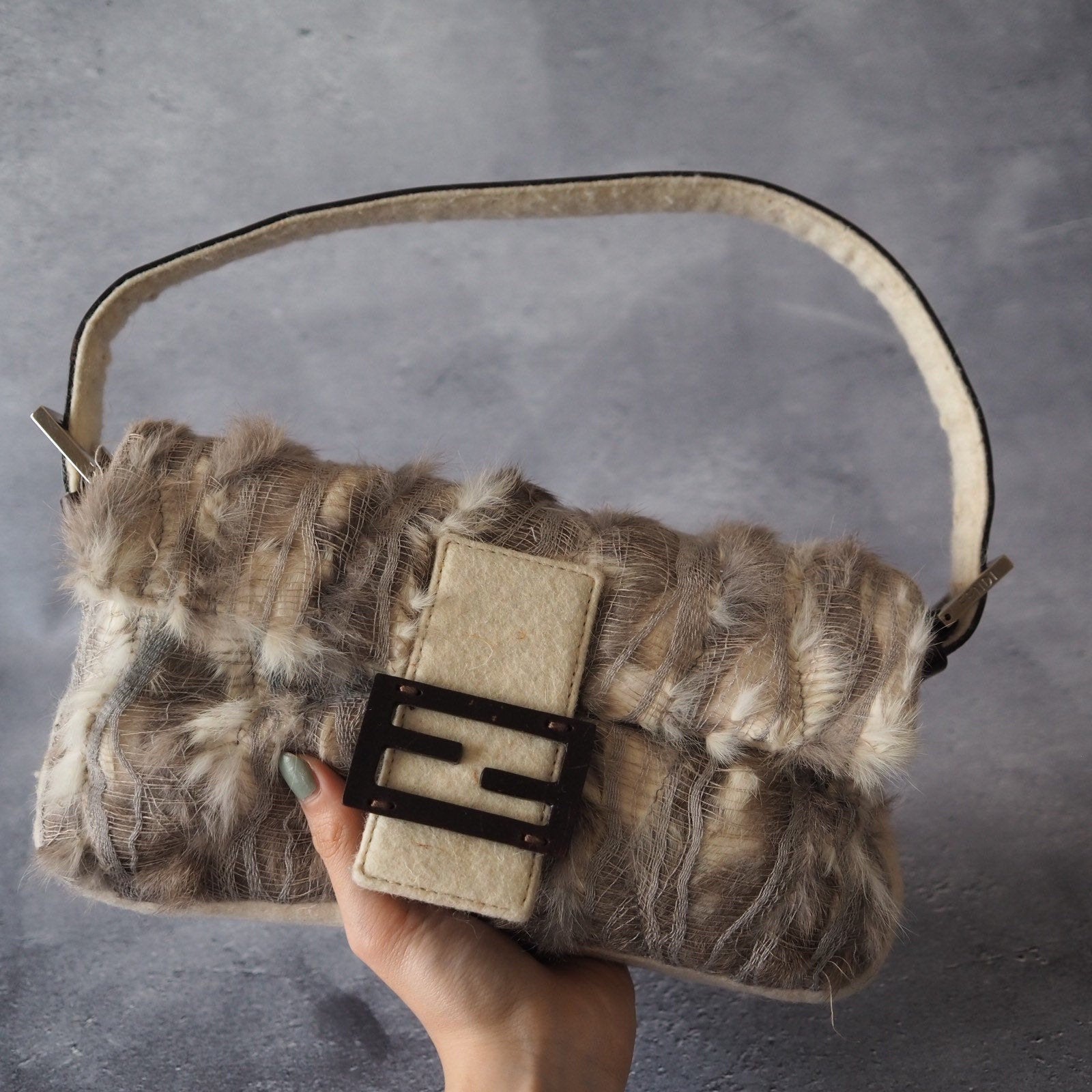 FENDI Mamma Baguette Fur Leather Shoulder Hand Bag Vintage Rare Auth