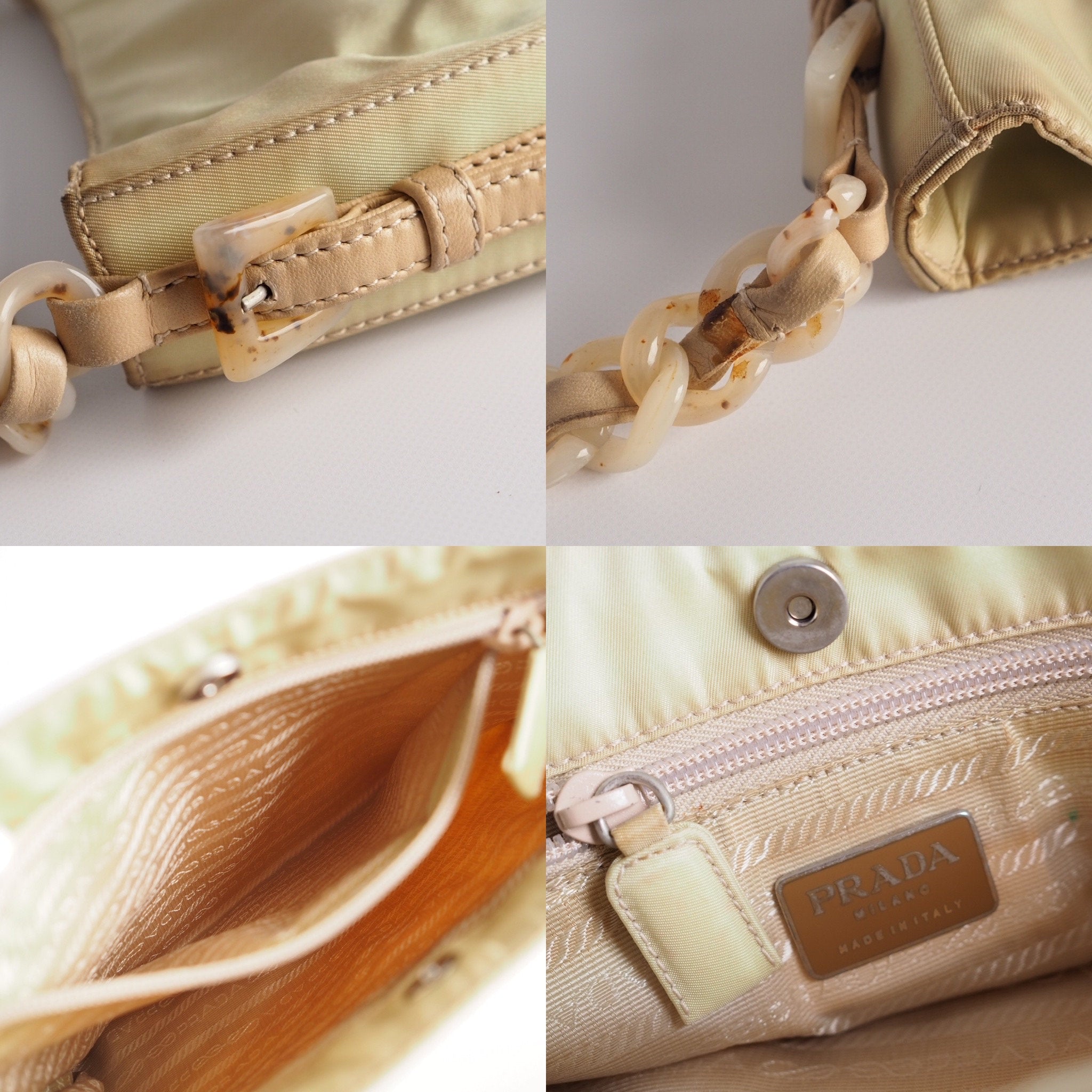 PRADA Nylon Plastic Chain Shoulder Bag Beige Logo Authentic