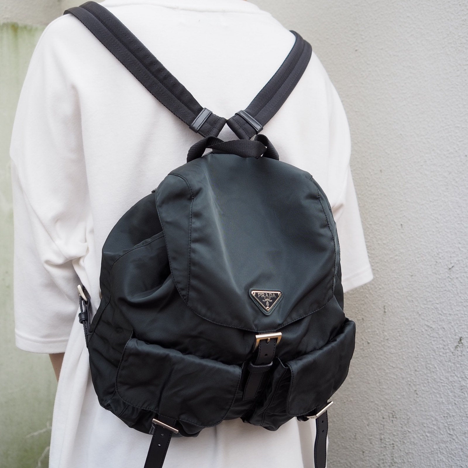 PRADA Nylon Backpack Bag Green Logo Purse Authentic Unisex