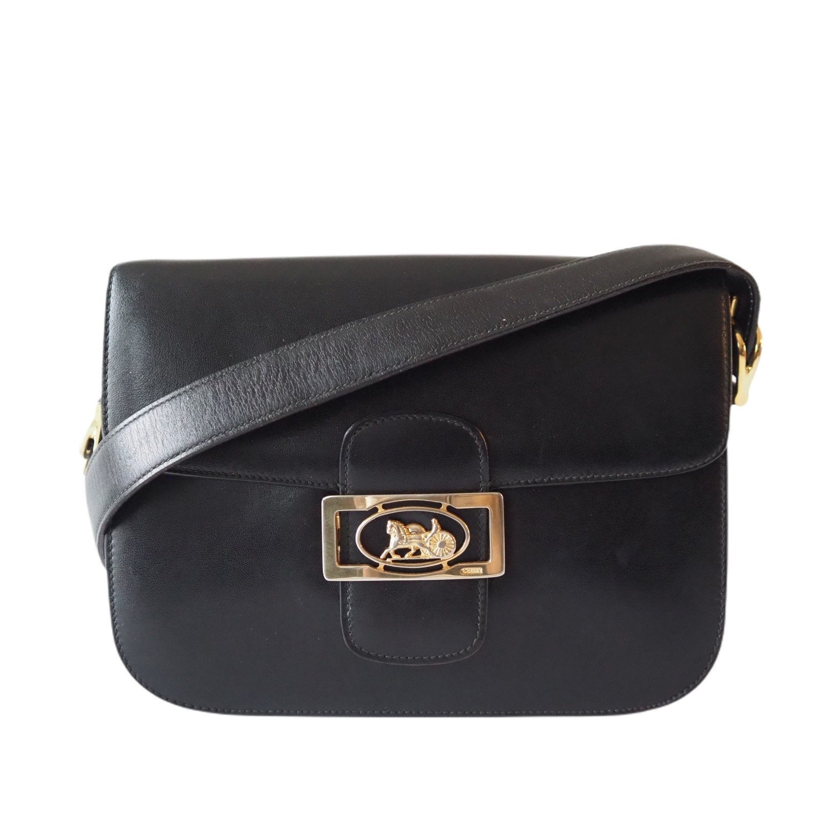 CELINE Sulky Metal parts Shoulder bag Calf leather Black Authentic