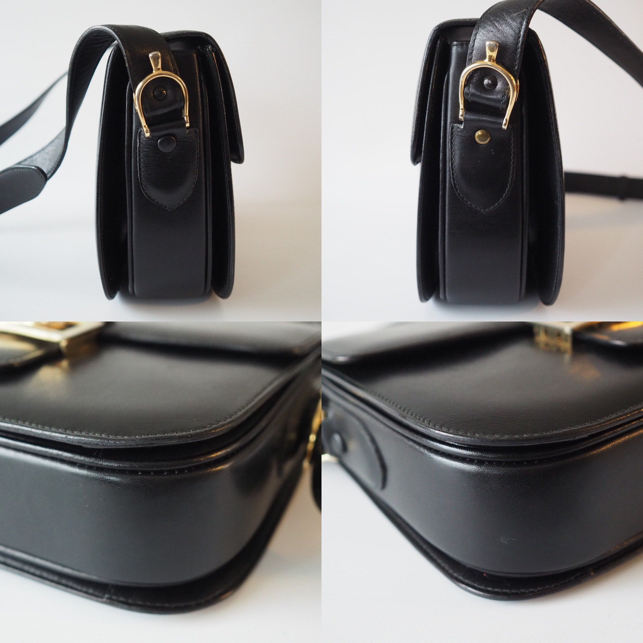 CELINE Sulky Metal parts Shoulder bag Calf leather Black Authentic