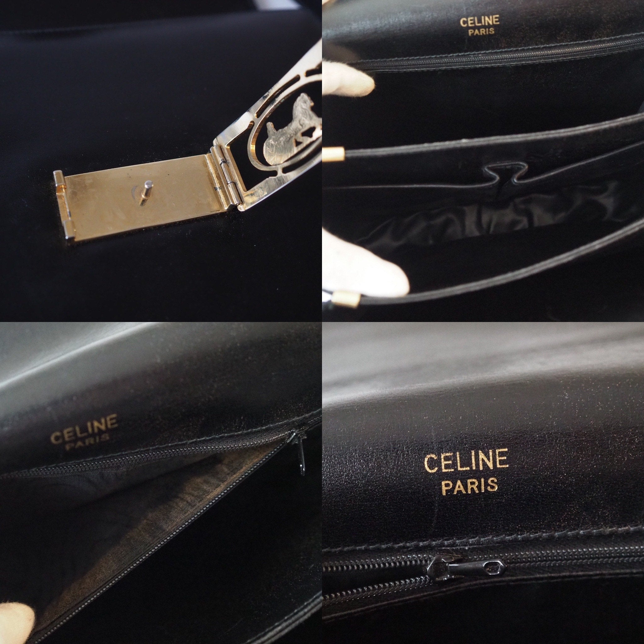 CELINE Sulky Metal parts Shoulder bag Calf leather Black Authentic