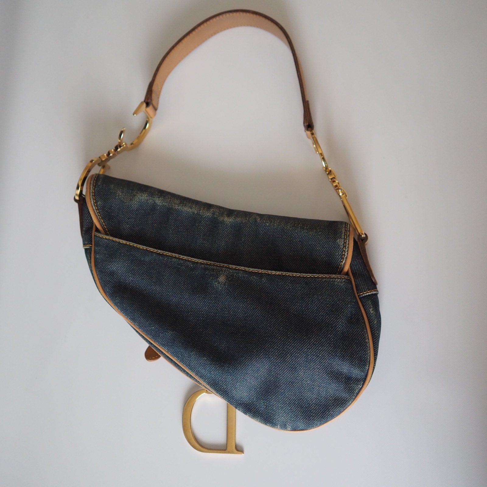Christian Dior Trotter Saddle Hand Bag Denim Canvas Leather Blue Authentic