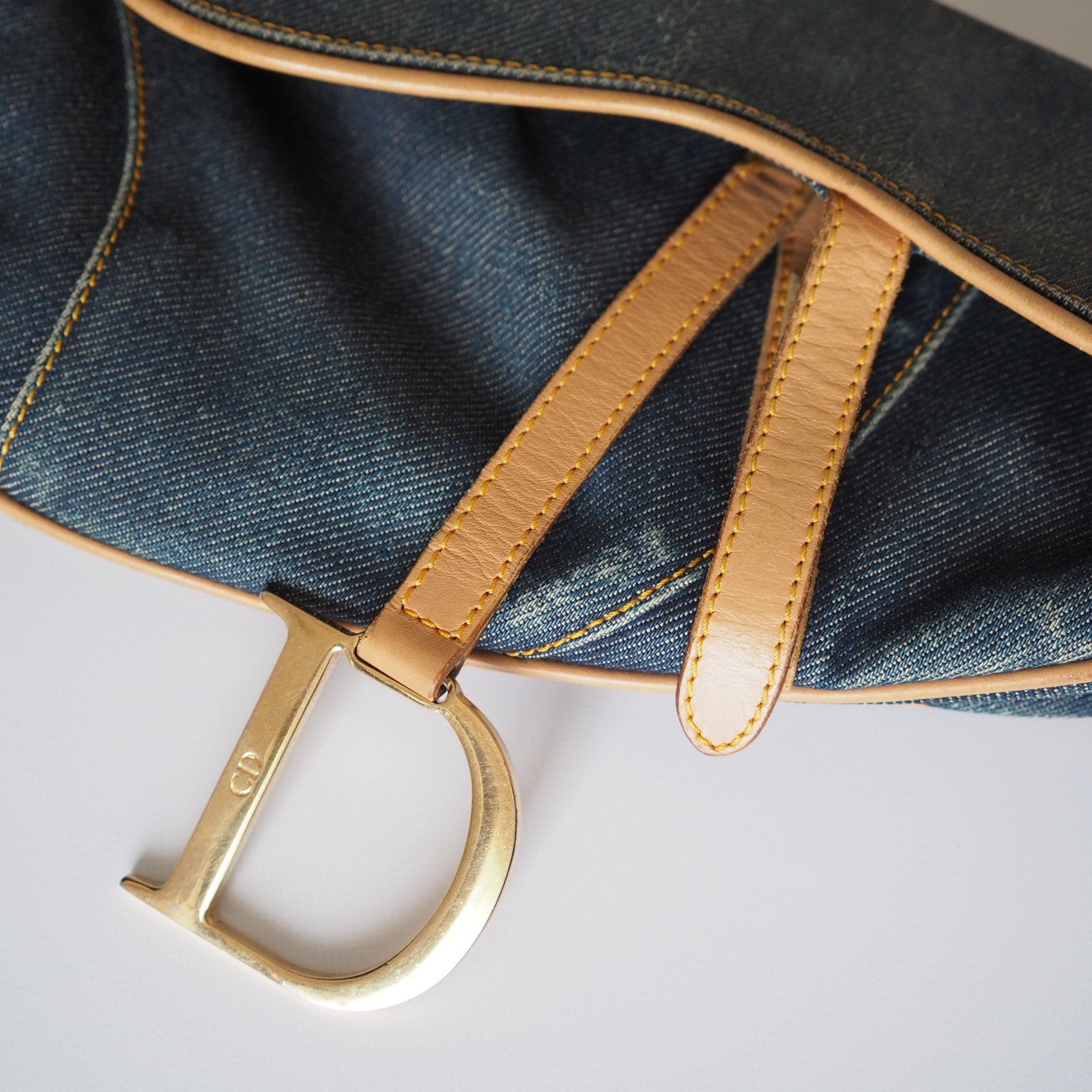 Christian Dior Trotter Saddle Hand Bag Denim Canvas Leather Blue Authentic