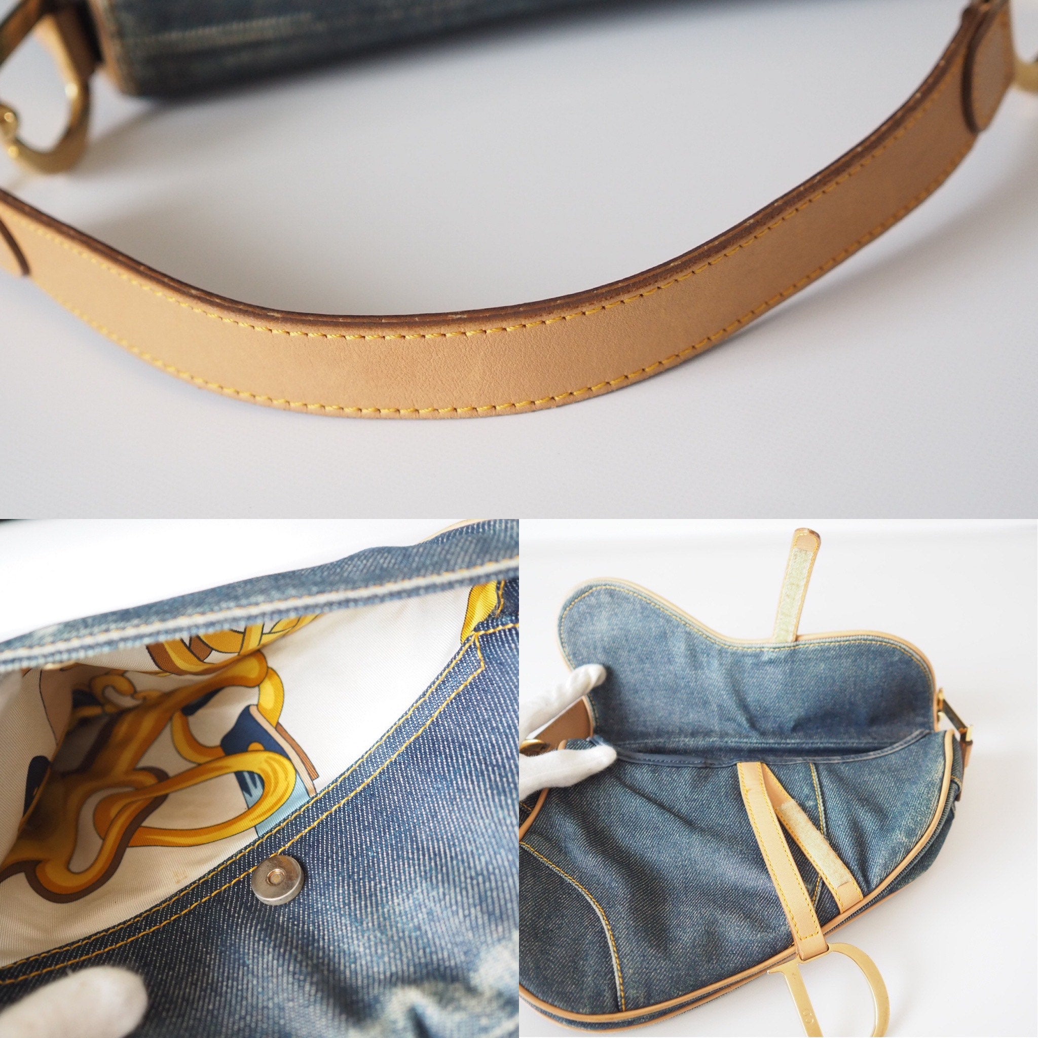 Christian Dior Trotter Saddle Hand Bag Denim Canvas Leather Blue Authentic