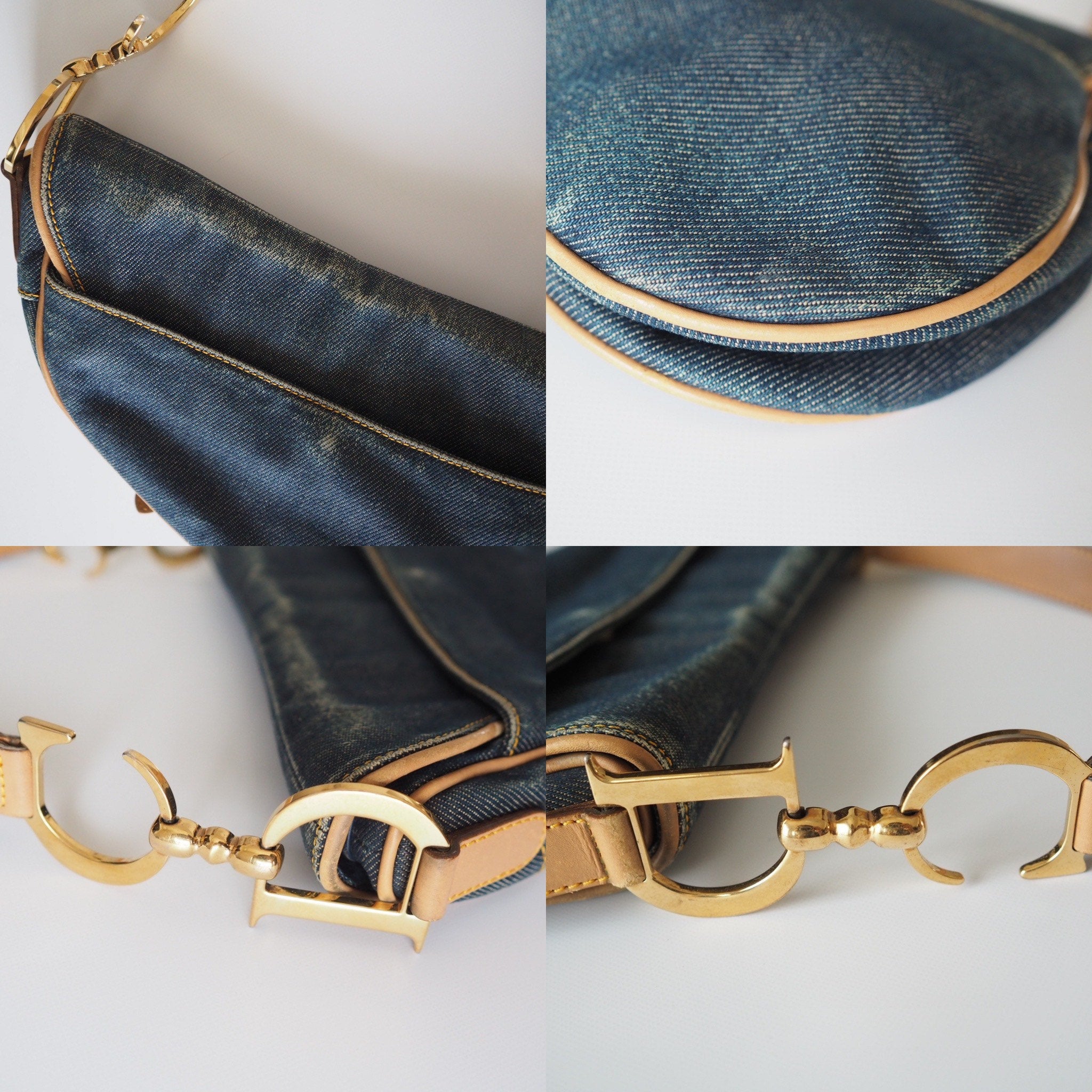 Christian Dior Trotter Saddle Hand Bag Denim Canvas Leather Blue Authentic