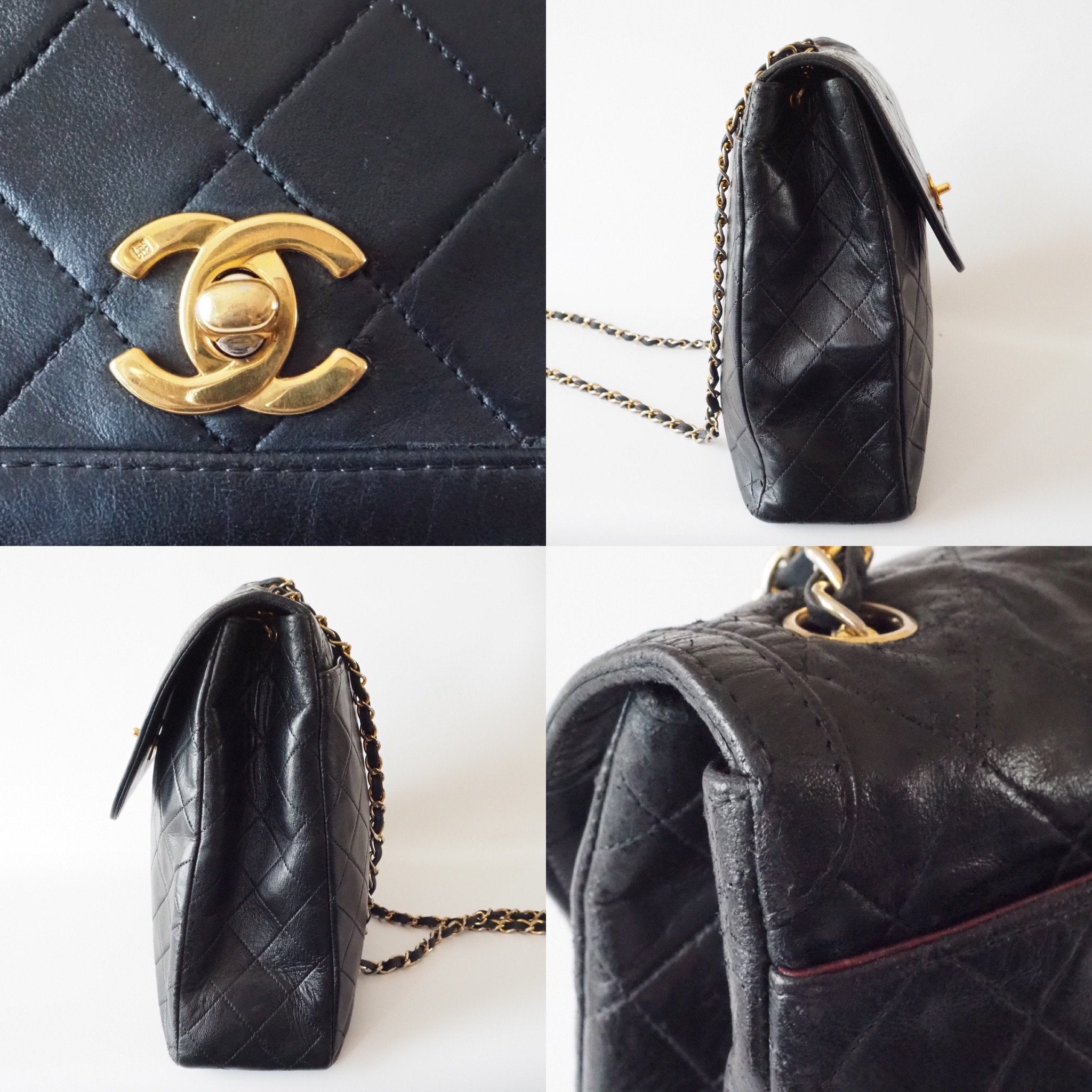 CHANEL Matelasse Quilted CC Single Chain Shoulder Bag Black Leather Vintage
