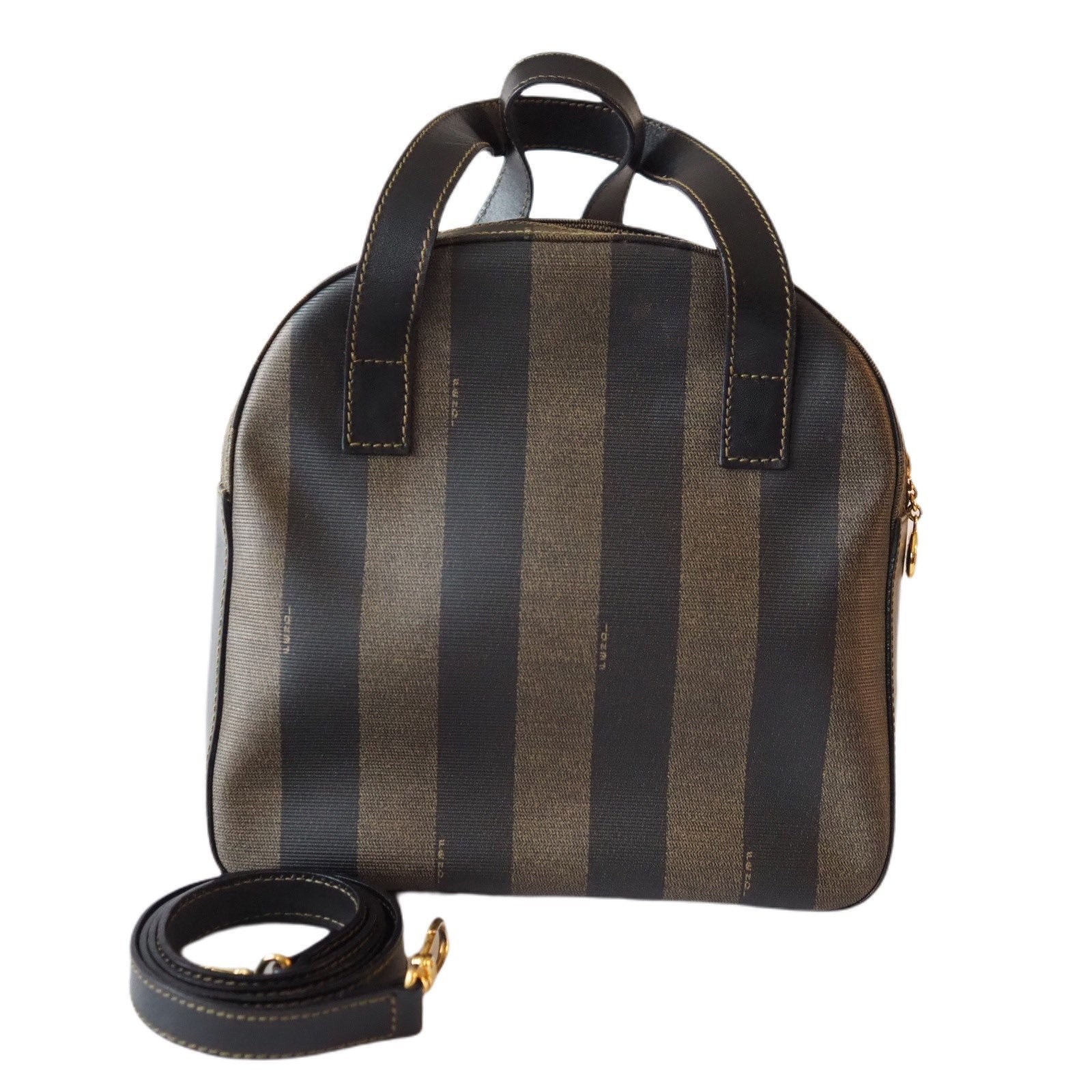 FENDI Pequin Stripe Hand Bag PVC Leather Brown Authentic