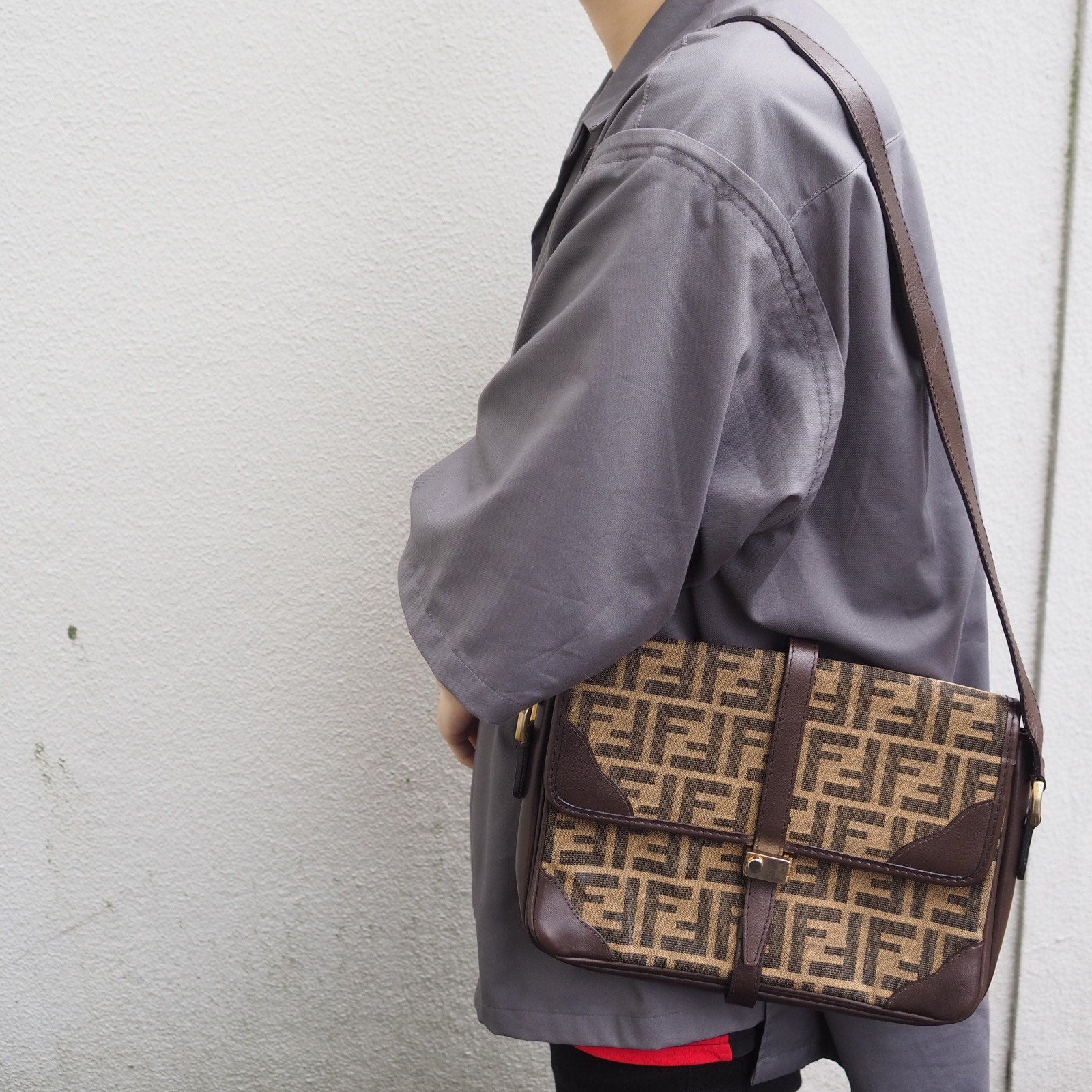 FENDI Zucca pattern Mamma Baguette Shoulder Bag Leather Authentic