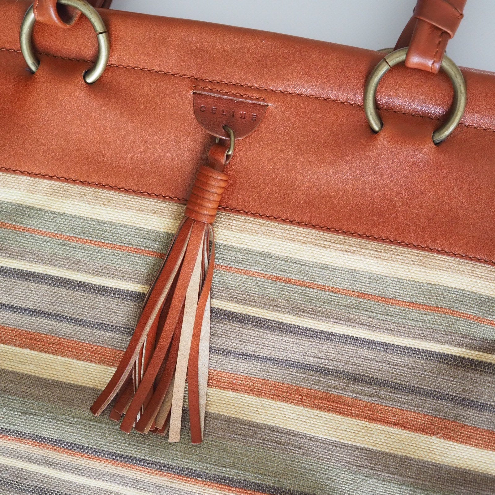 Celine Border Tote bag Canvas Leather Beige Authentic