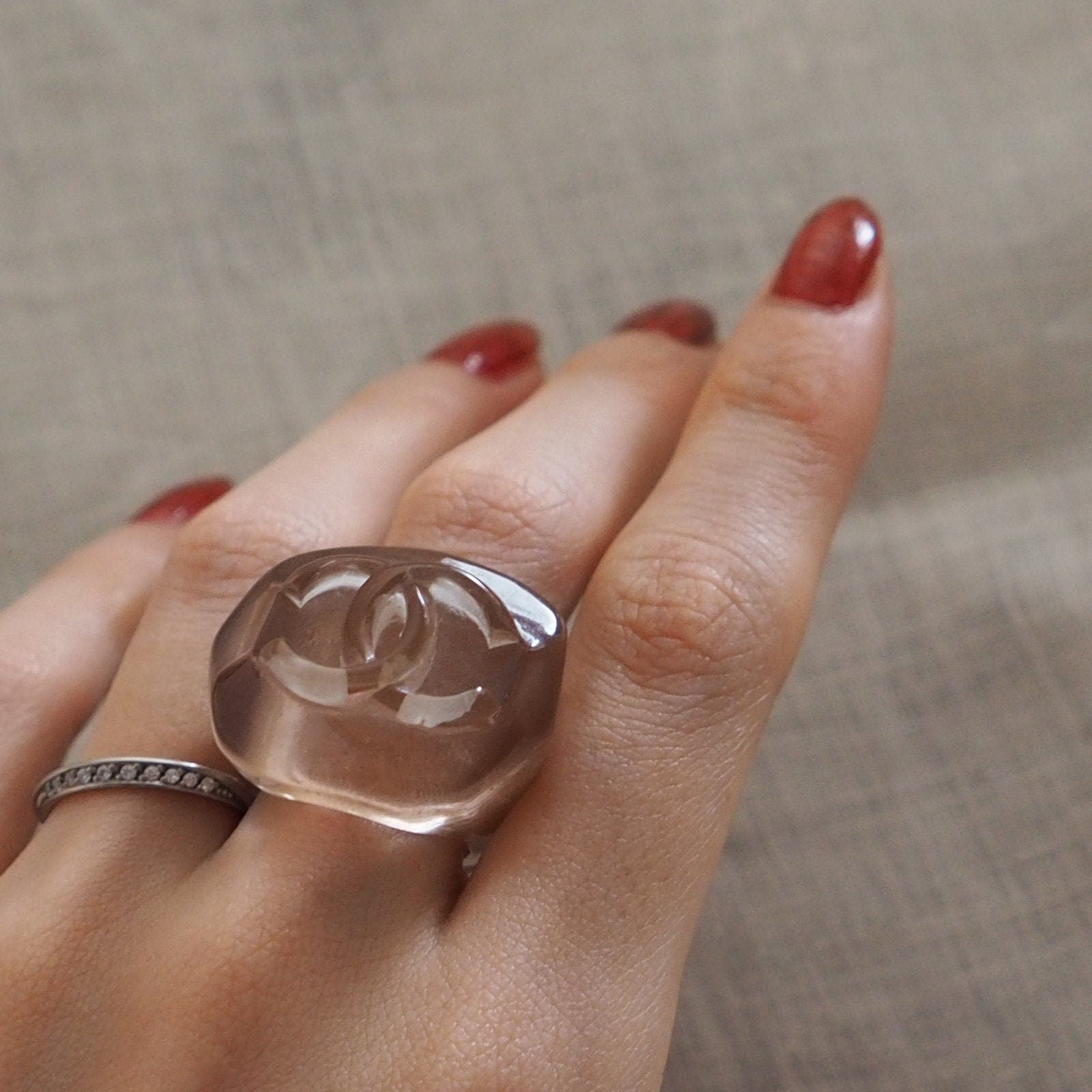 CHANEL COCO Ring Plastic Clear Pink Beige