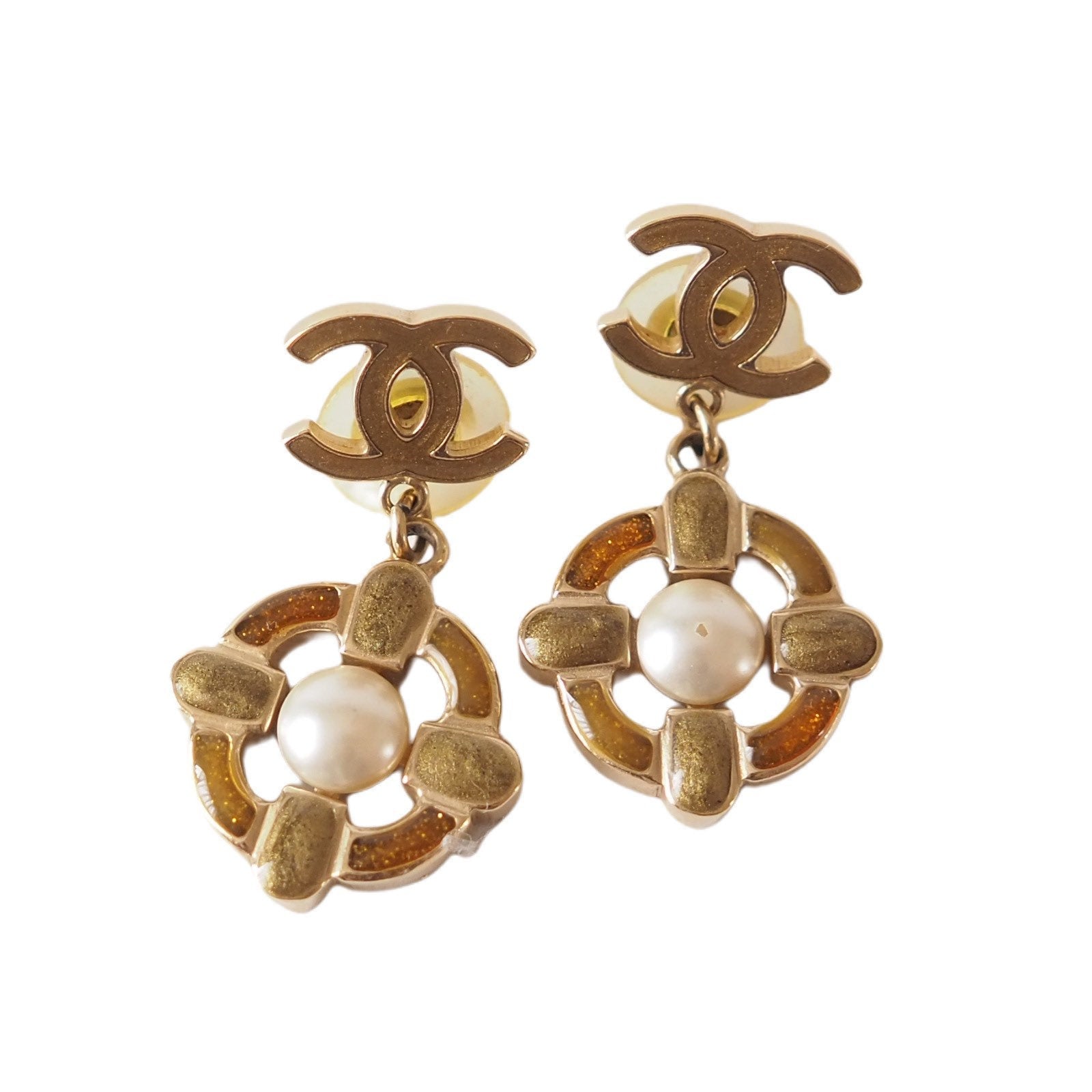 CHANEL Coco Earrings Mark Perl Drop Gold Plated Authentic
