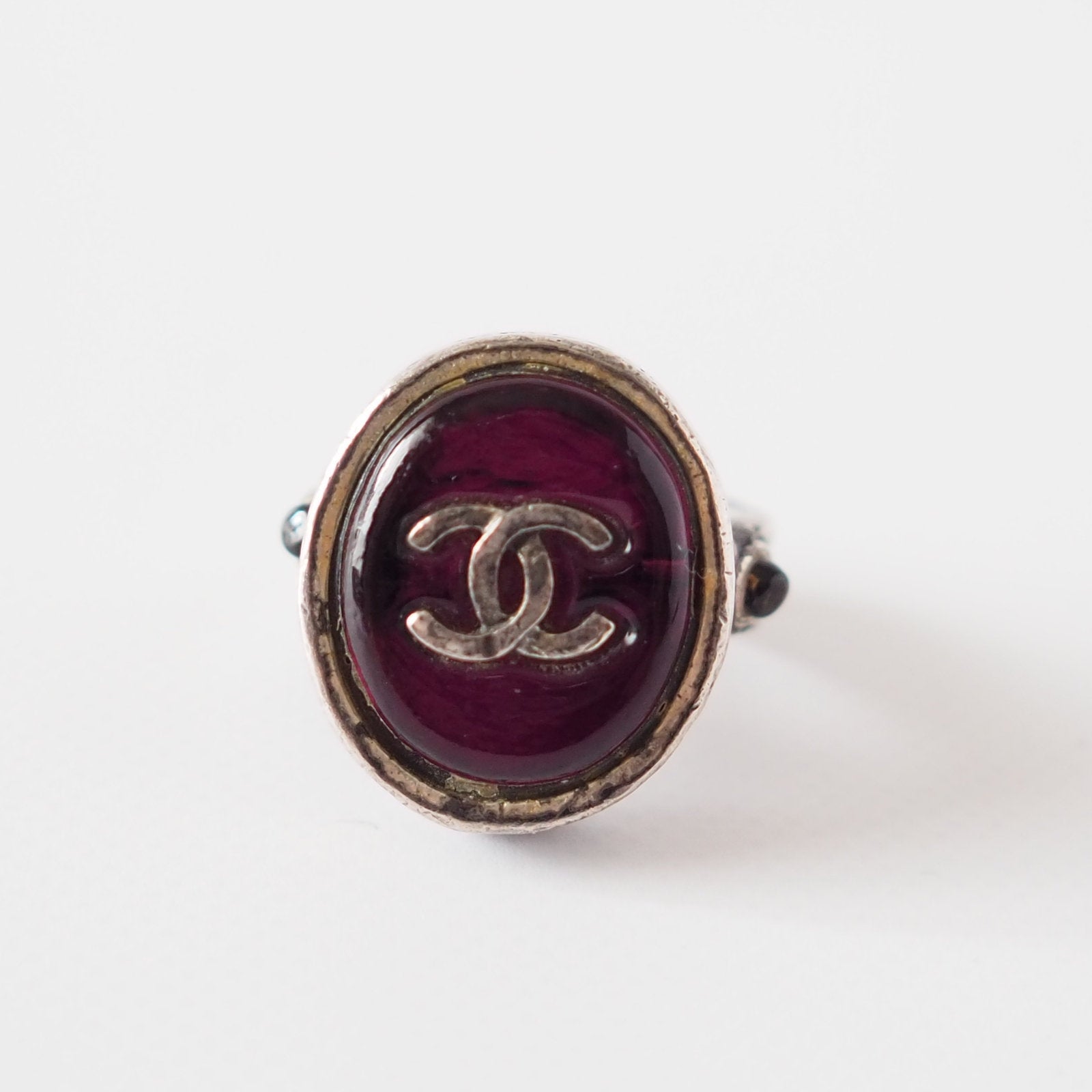 CHANEL COCO Cambon Ring Metal Gripoix Bordeaux Silver
