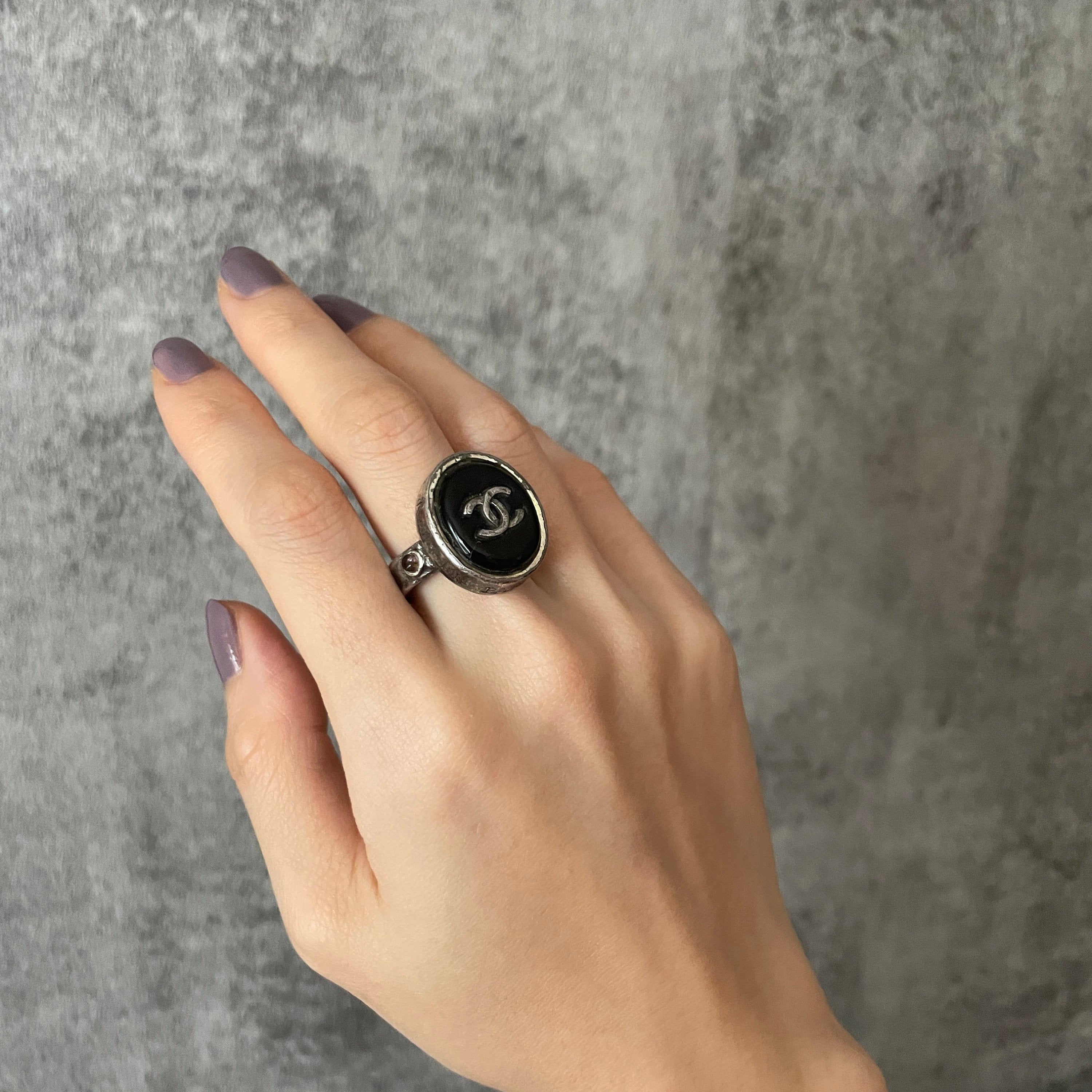 CHANEL COCO Cambon Ring Metal Gripoix Bordeaux Silver