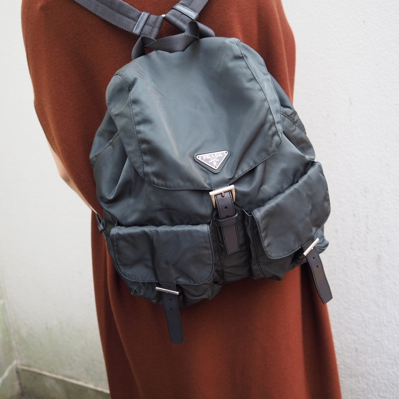 PRADA Nylon Backpack Bag Green Logo Purse Authentic Unisex