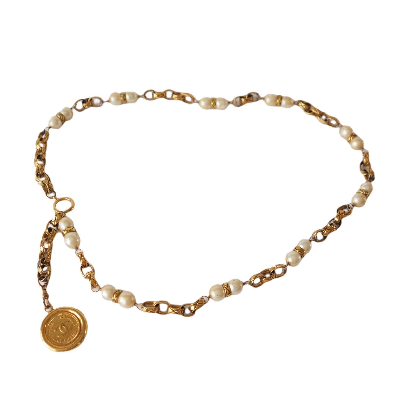 CHANEL Chain Belt CC Matelasse Fake pearl Gold color Authentic