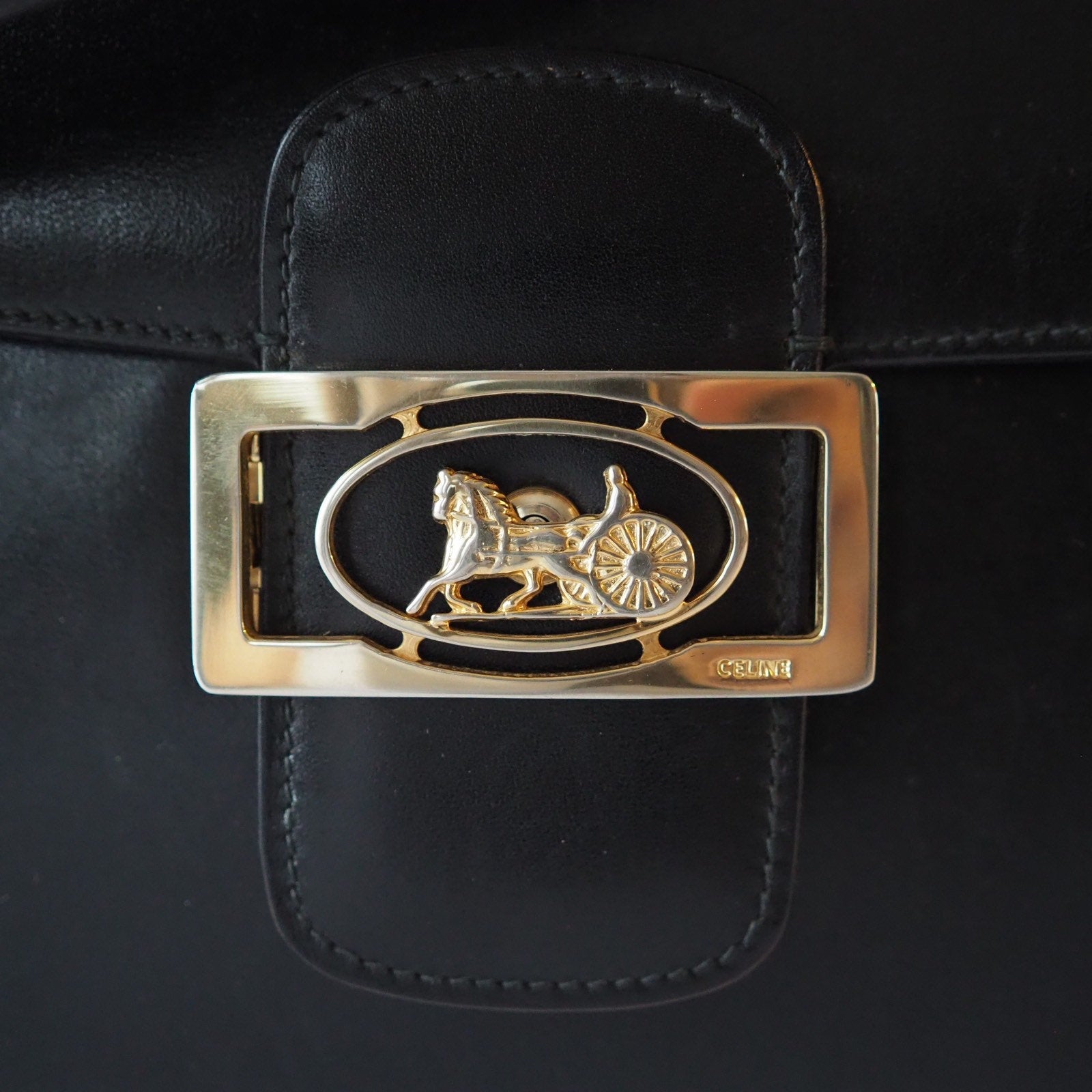 CELINE Sulky Metal parts Shoulder bag Calf leather Black Authentic