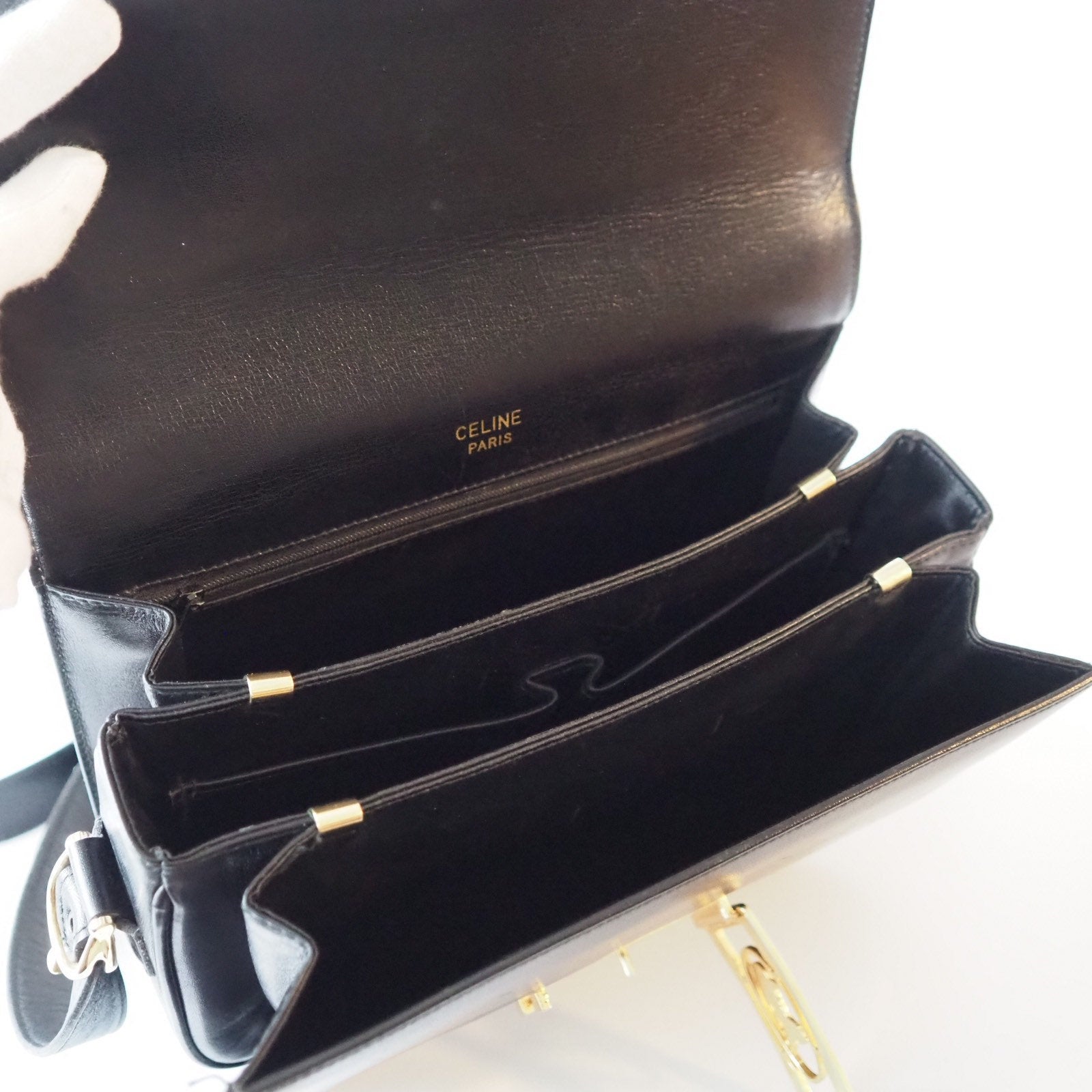 CELINE Sulky Metal parts Shoulder bag Calf leather Black Authentic