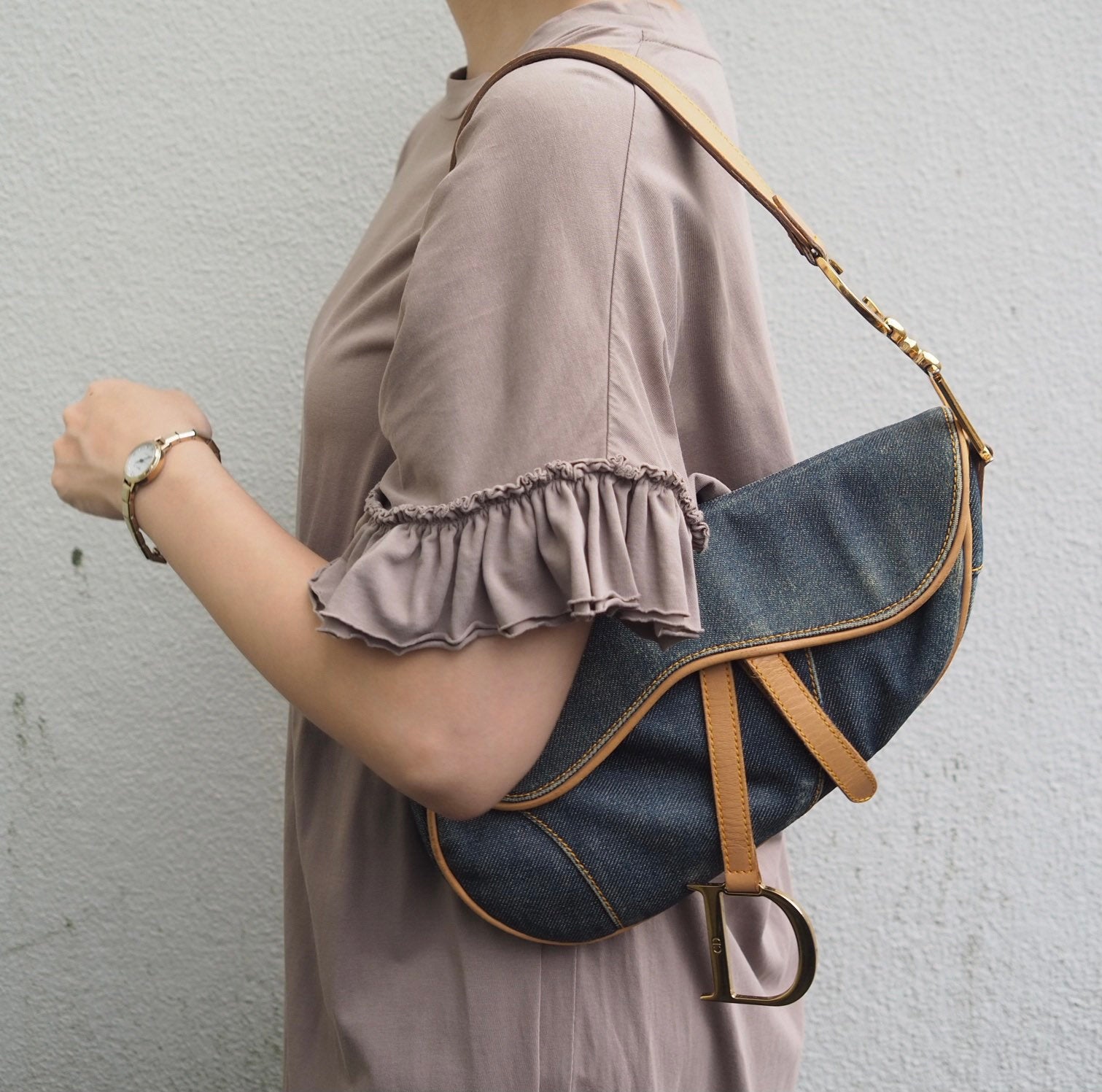 Christian Dior Trotter Saddle Hand Bag Denim Canvas Leather Blue Authentic