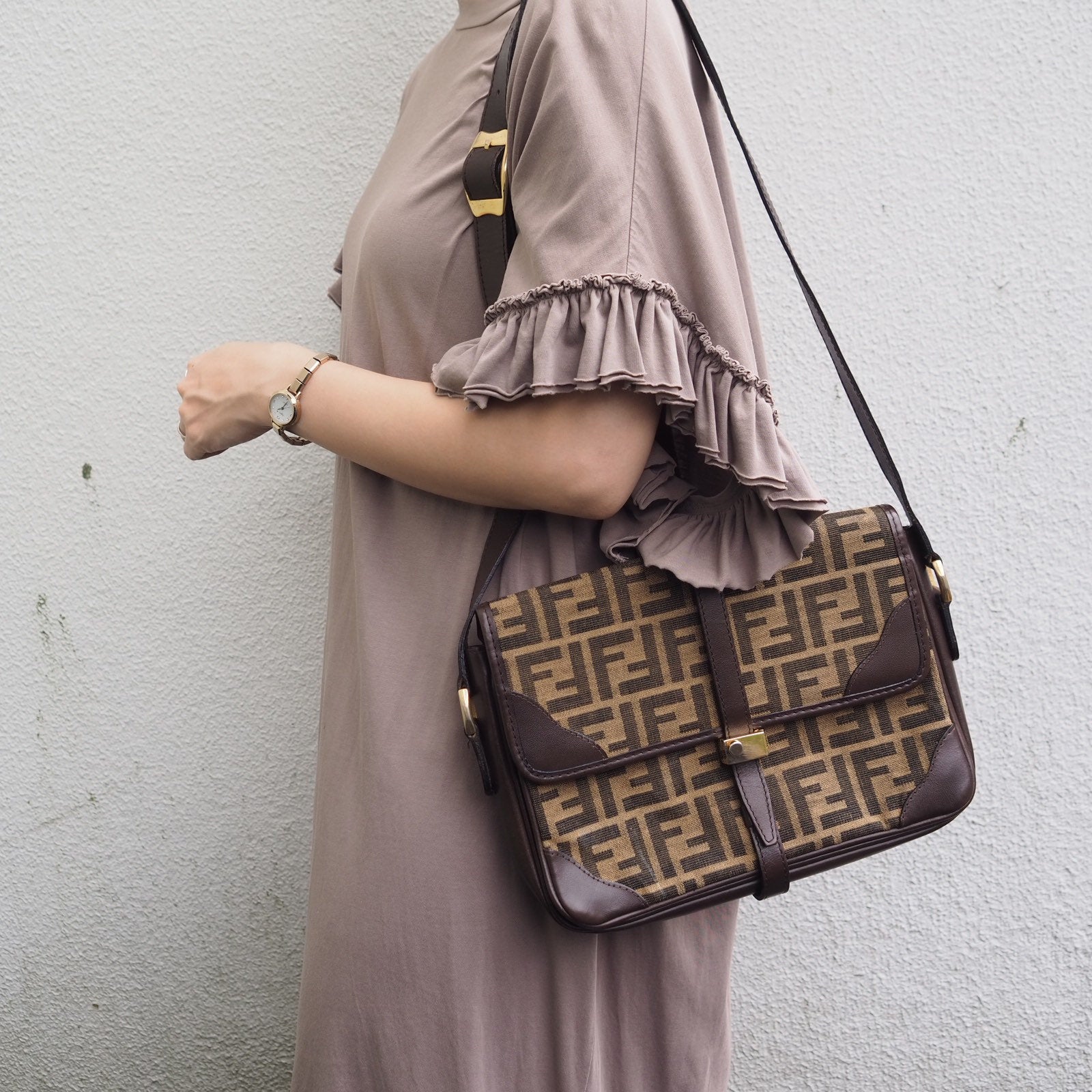 FENDI Zucca pattern Mamma Baguette Shoulder Bag Leather Authentic