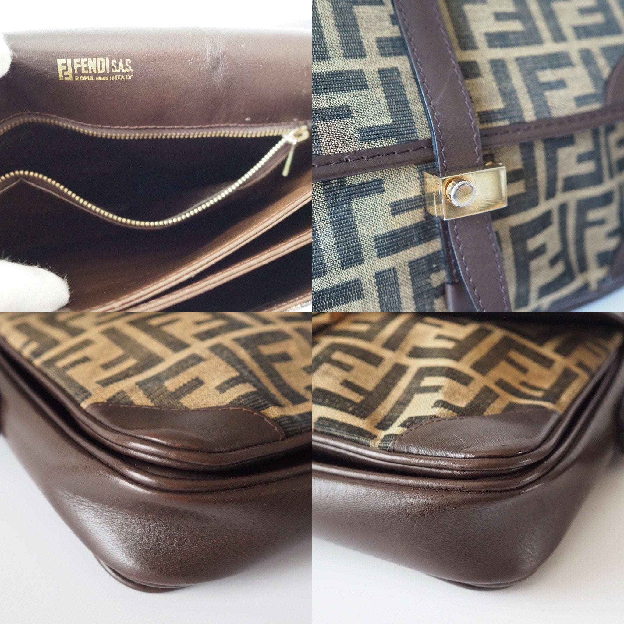 FENDI Zucca pattern Mamma Baguette Shoulder Bag Leather Authentic