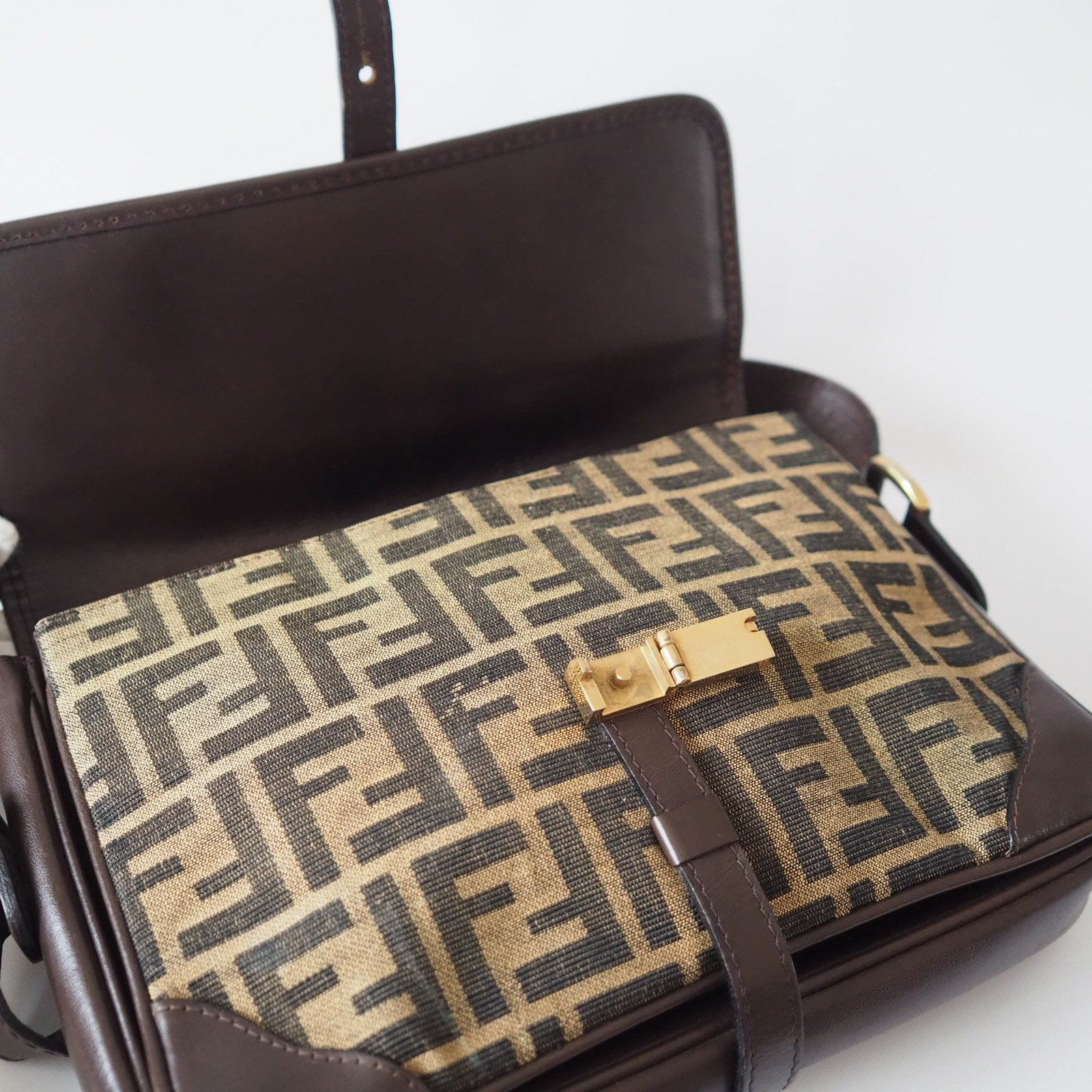 FENDI Zucca pattern Mamma Baguette Shoulder Bag Leather Authentic