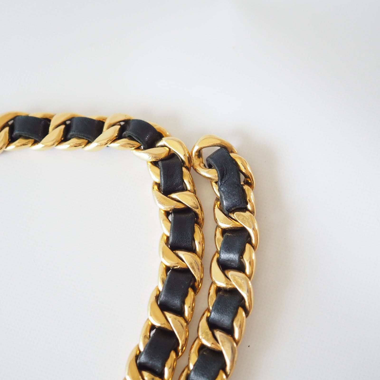 CHANEL Chain Belt Medallion CC Mademoiselle Black Leather Gold Metal Collection Authentic Vintage