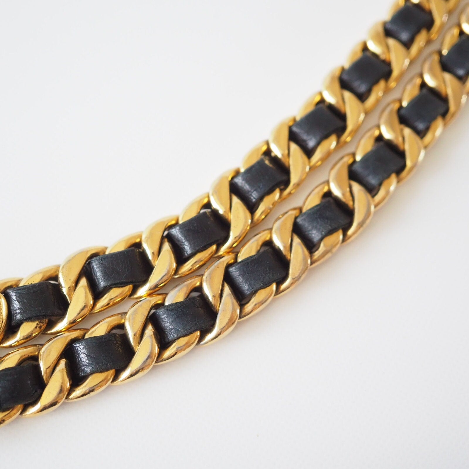 CHANEL Chain Belt Medallion CC Mademoiselle Black Leather Gold Metal Collection Authentic Vintage