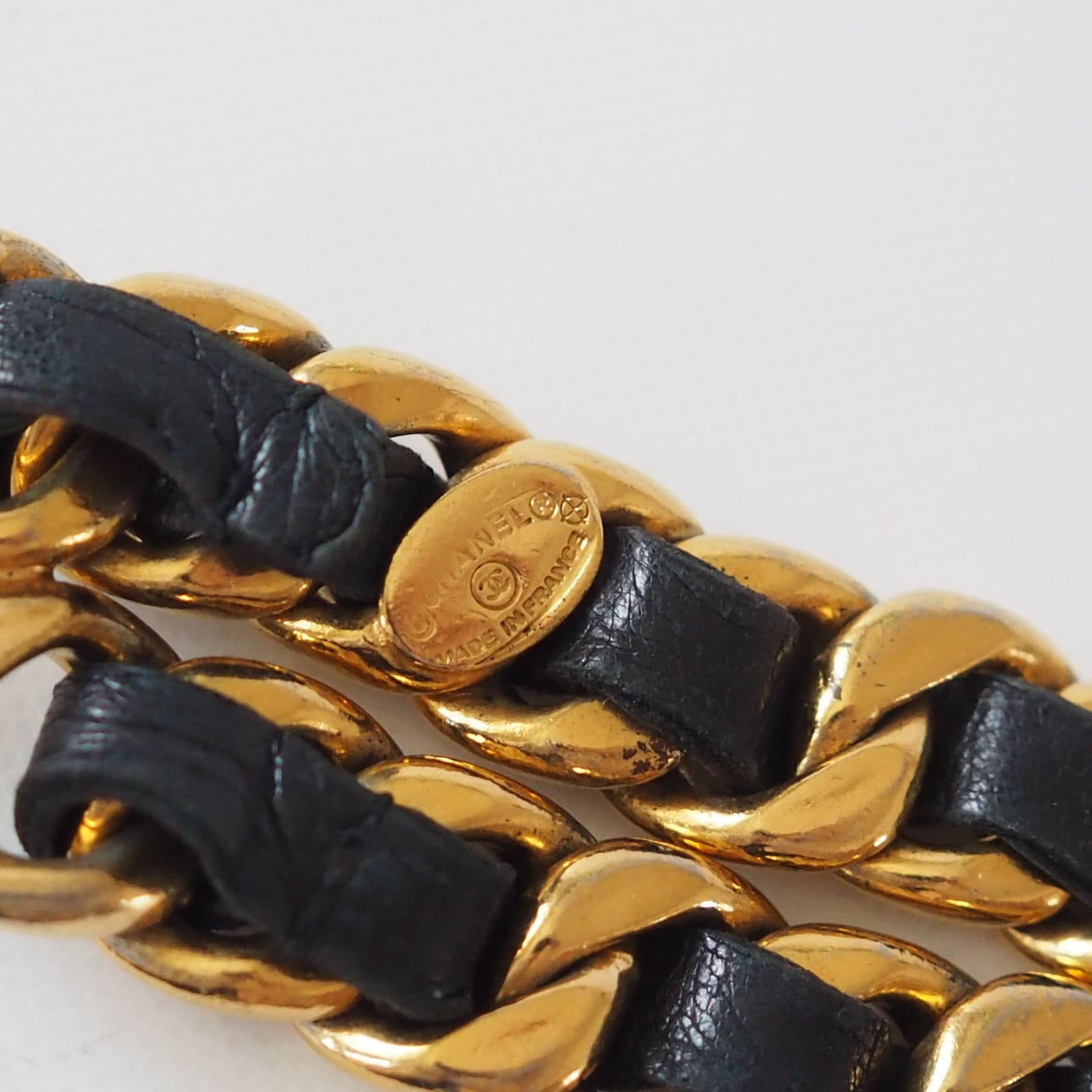 CHANEL Chain Belt Medallion CC Mademoiselle Black Leather Gold Metal Collection Authentic Vintage